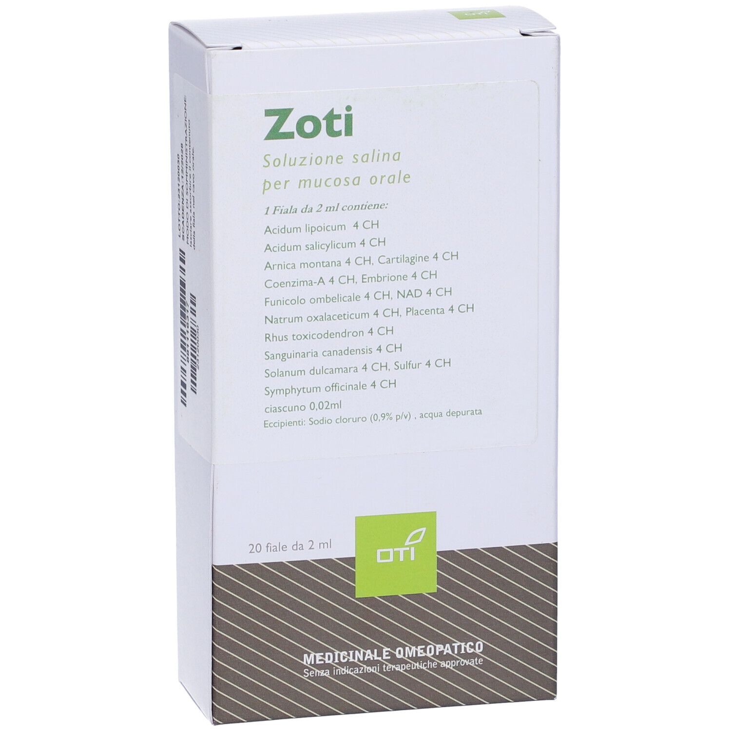 Scatola bianca con logo verde e nome prodotto Zoti. Testo: Soluzione per mucosa orale. 20 fiale da 2 ml.