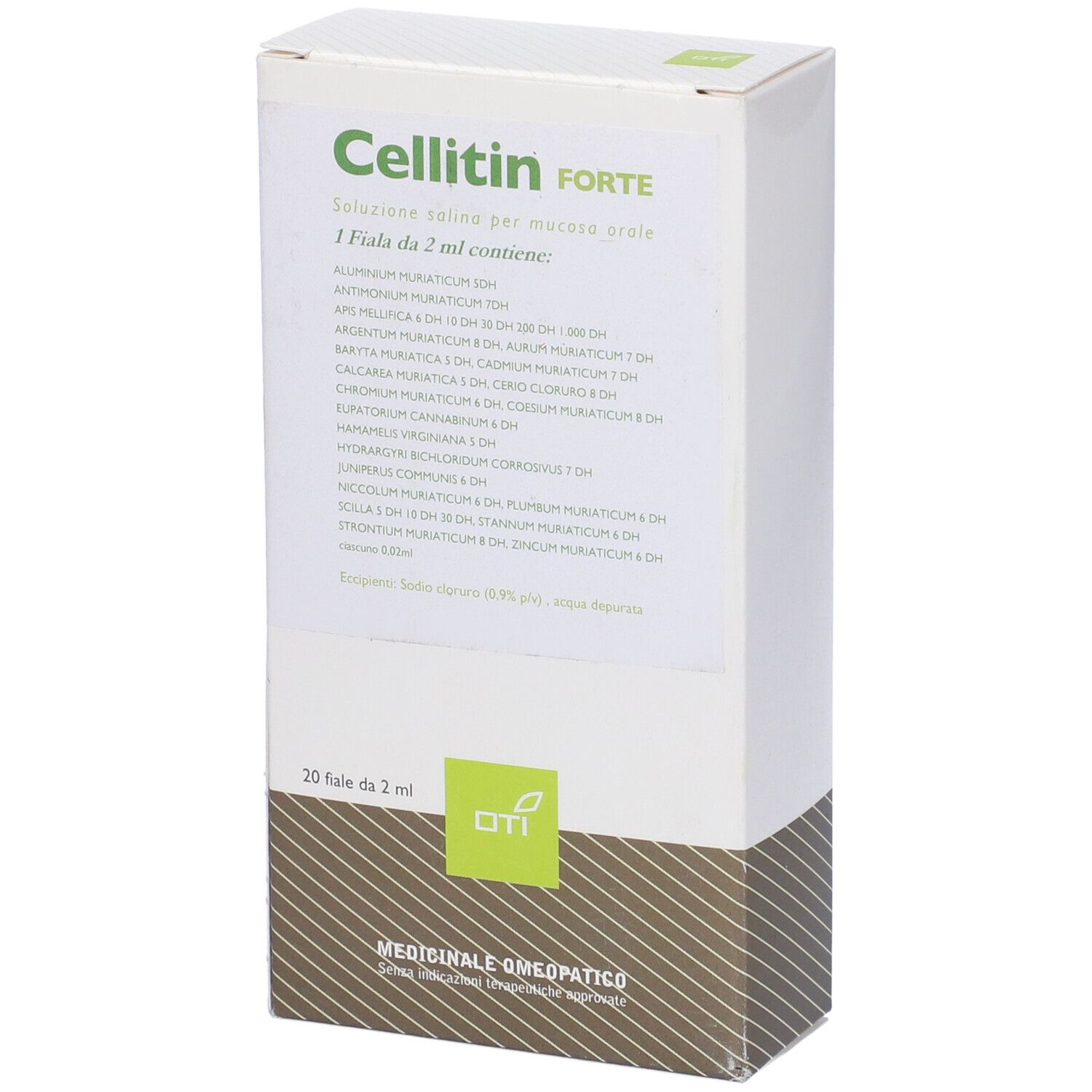 Scatola bianca Cellitin Forte. 20 fiale da 2 ml. Ingredienti e logo OTI. Medicinale omeopatico.
