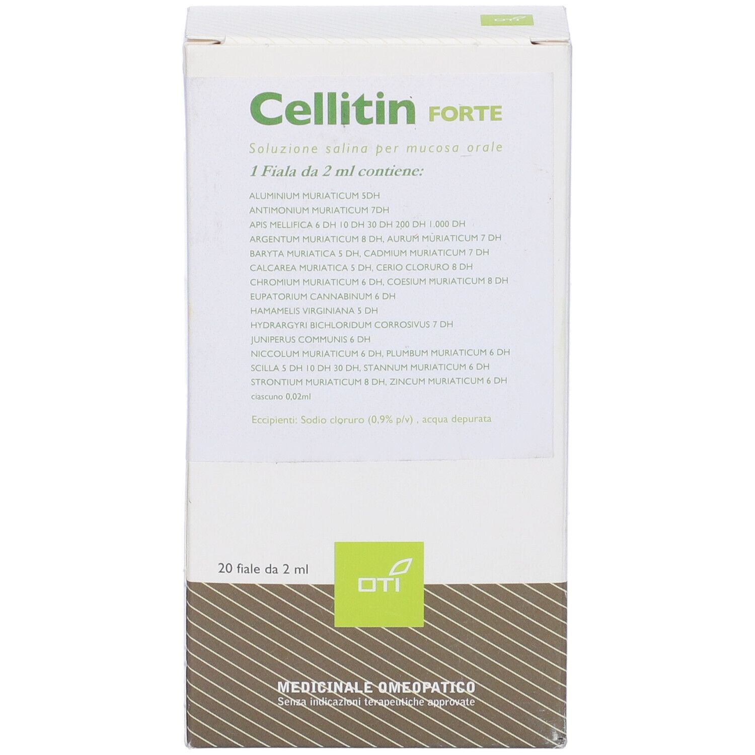 Scatola bianca Cellitin Forte. 20 fiale da 2 ml. Ingredienti e logo OTI. Medicinale omeopatico.