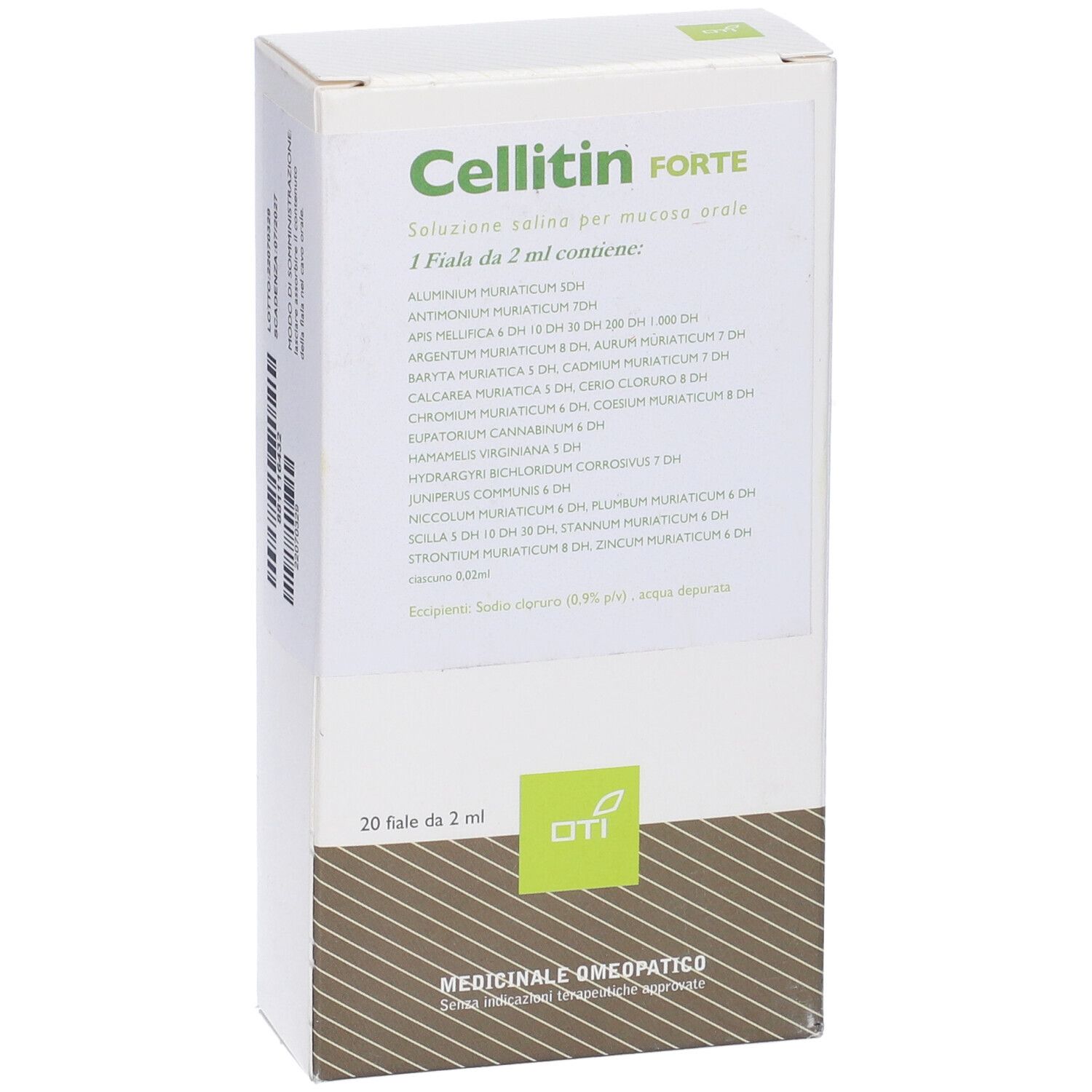 Scatola bianca Cellitin Forte. 20 fiale da 2 ml. Ingredienti e logo OTI. Medicinale omeopatico.