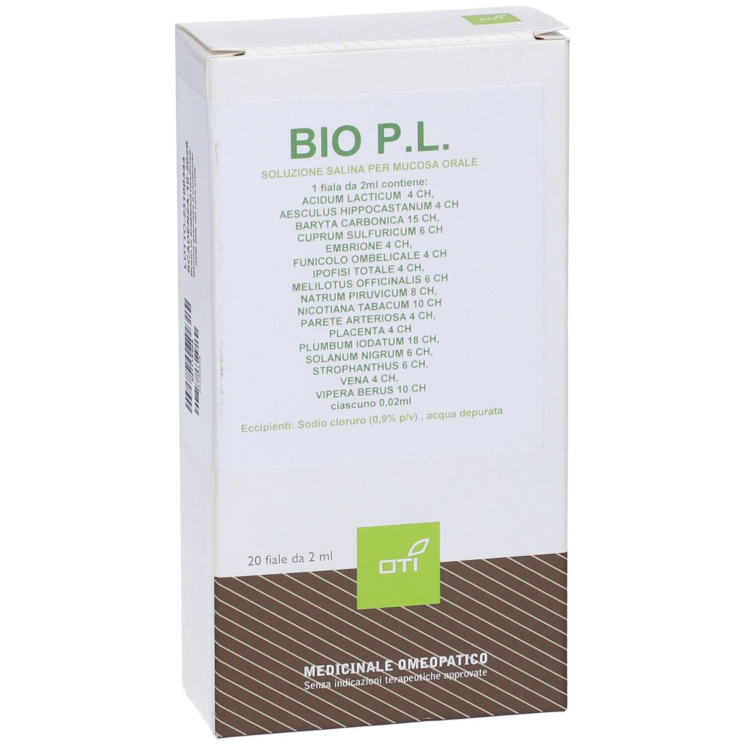 Vista frontale scatola BIO P.L. con informazioni e logo.
