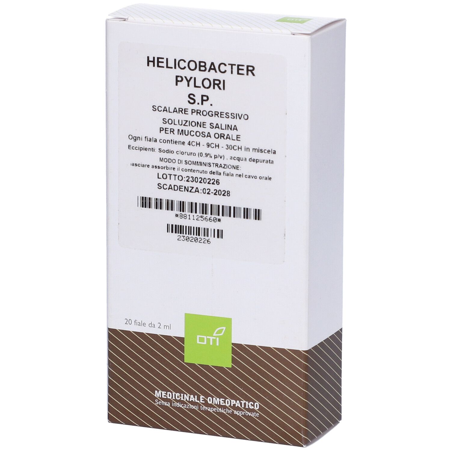 Scatola bianca con testo: Helicobacter Pylori S.P. 20 fiale. Logo OTI. Codice a barre e data di scadenza.