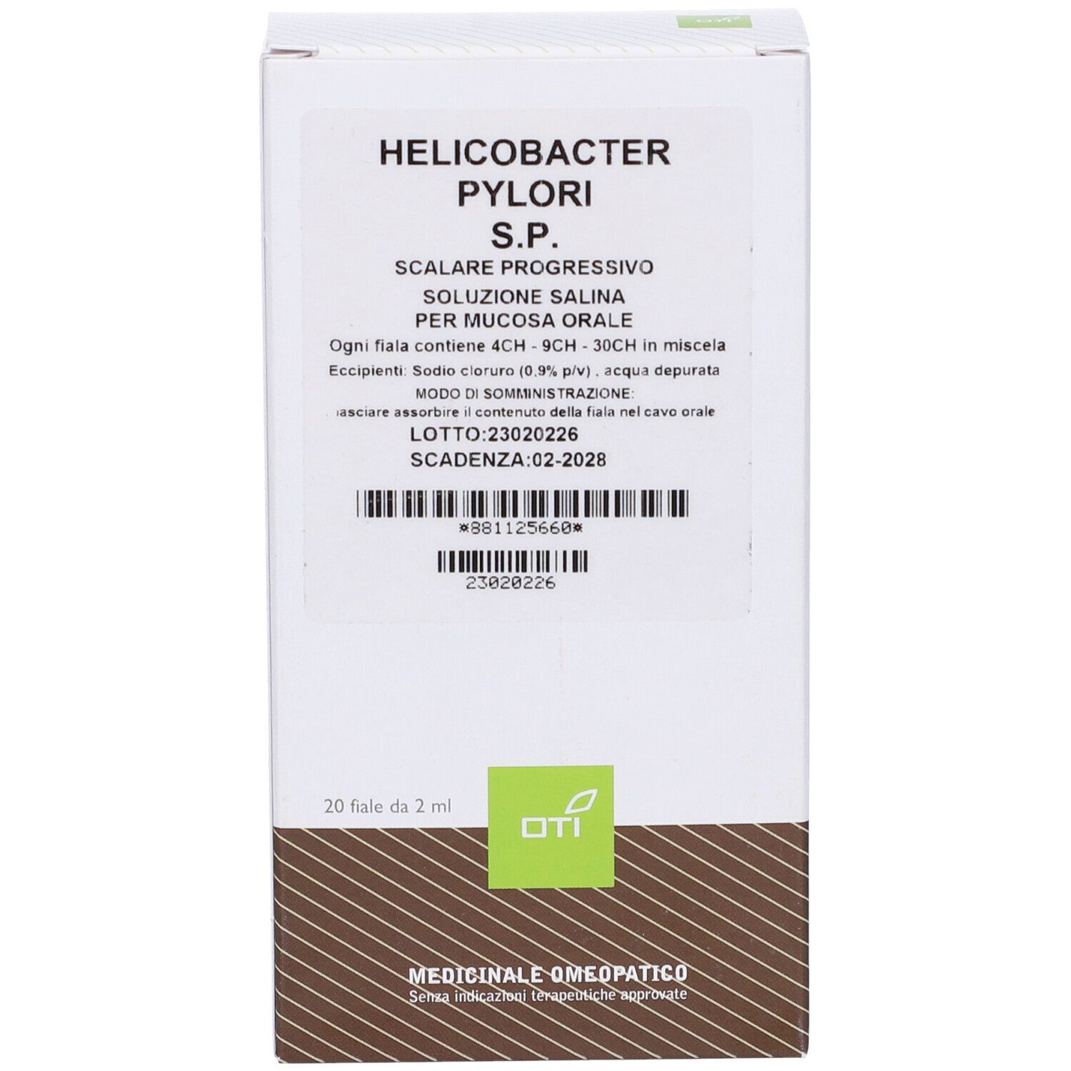 Scatola bianca con testo: Helicobacter Pylori S.P. 20 fiale. Logo OTI. Codice a barre e data di scadenza.