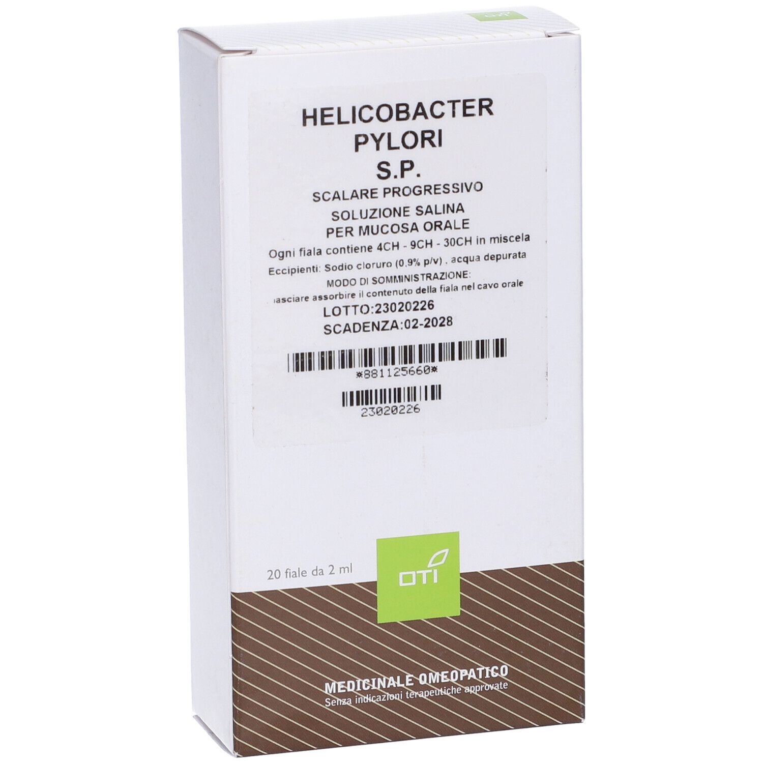 Scatola bianca con testo: Helicobacter Pylori S.P. 20 fiale. Logo OTI. Codice a barre e data di scadenza.
