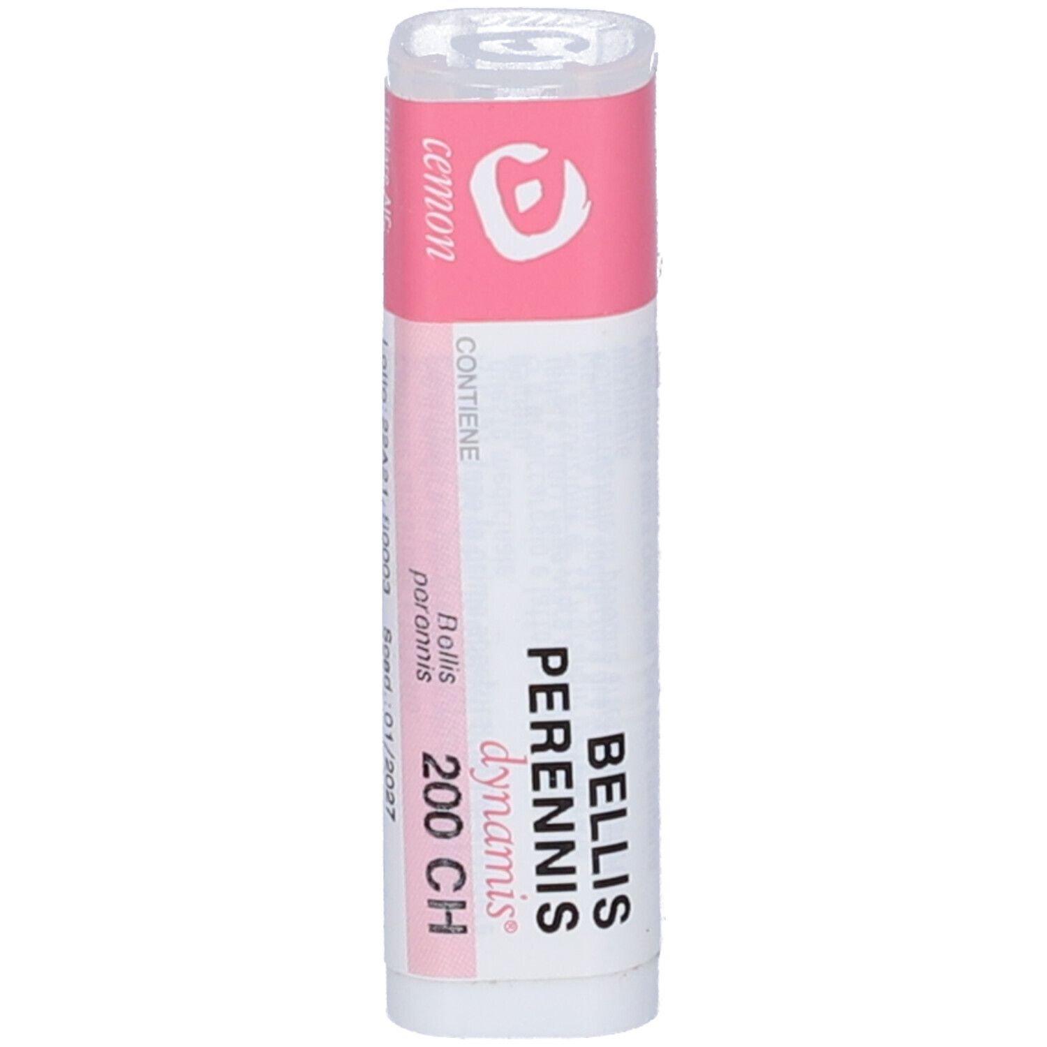 Confezione cilindrica con etichetta rosa. Contiene Bellis Perennis 200 CH. Nome e dosaggio del prodotto.