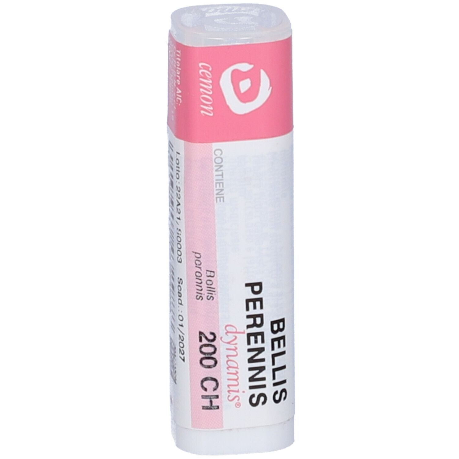 Confezione cilindrica con etichetta rosa. Contiene Bellis Perennis 200 CH. Nome e dosaggio del prodotto.