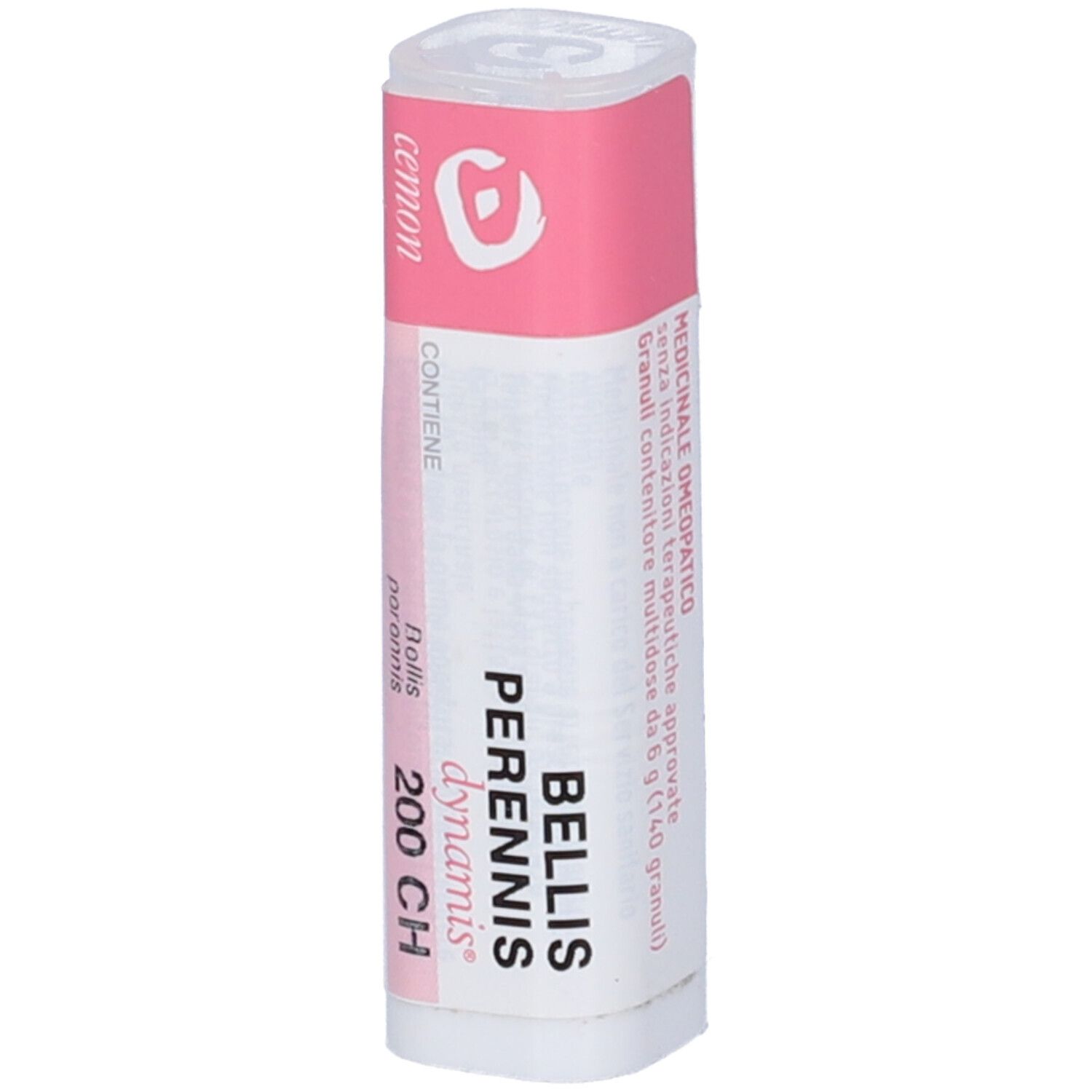 Confezione cilindrica con etichetta rosa. Contiene Bellis Perennis 200 CH. Nome e dosaggio del prodotto.