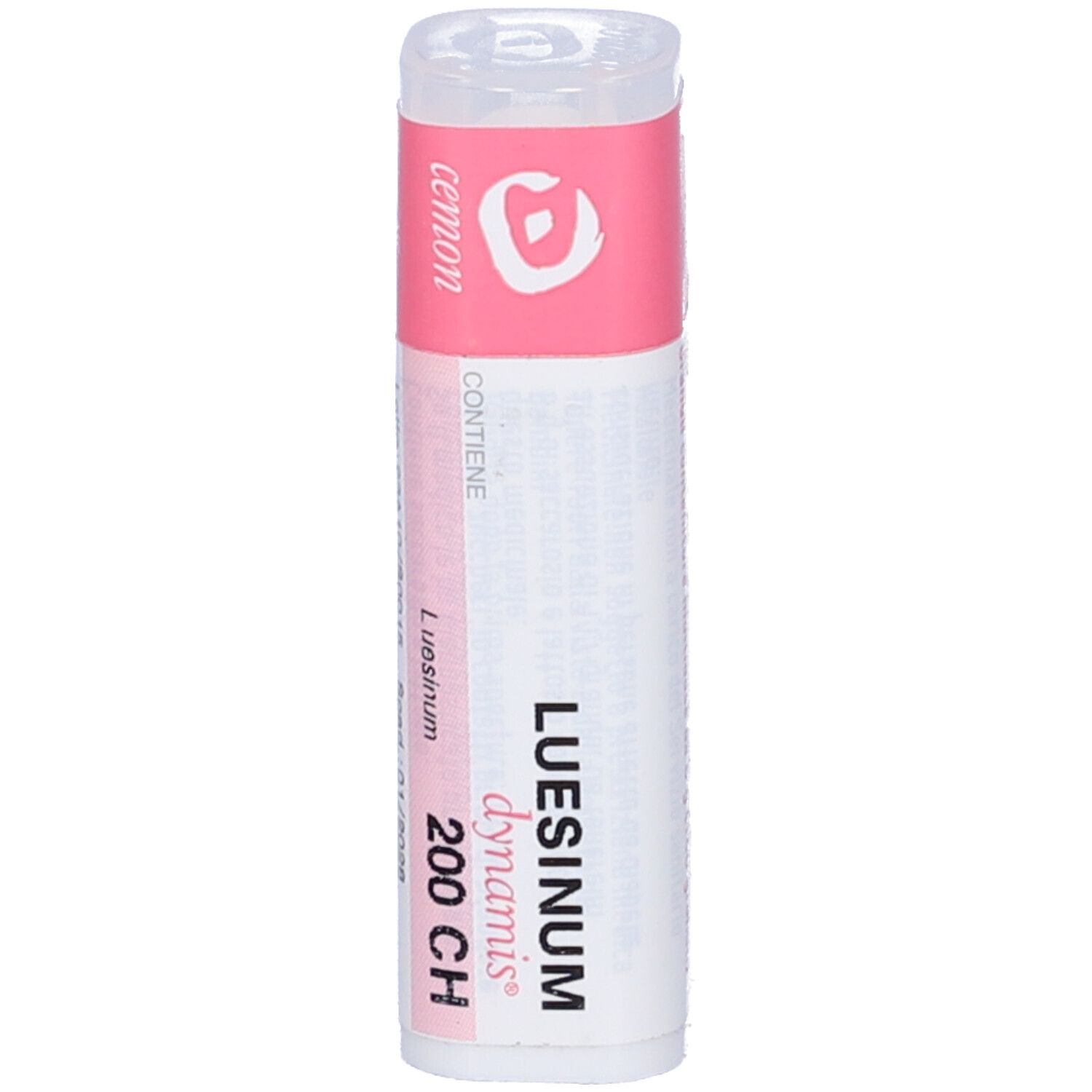 Confezione cilindrica con etichetta rosa e bianca. "Luesinum 200 CH" visibile.