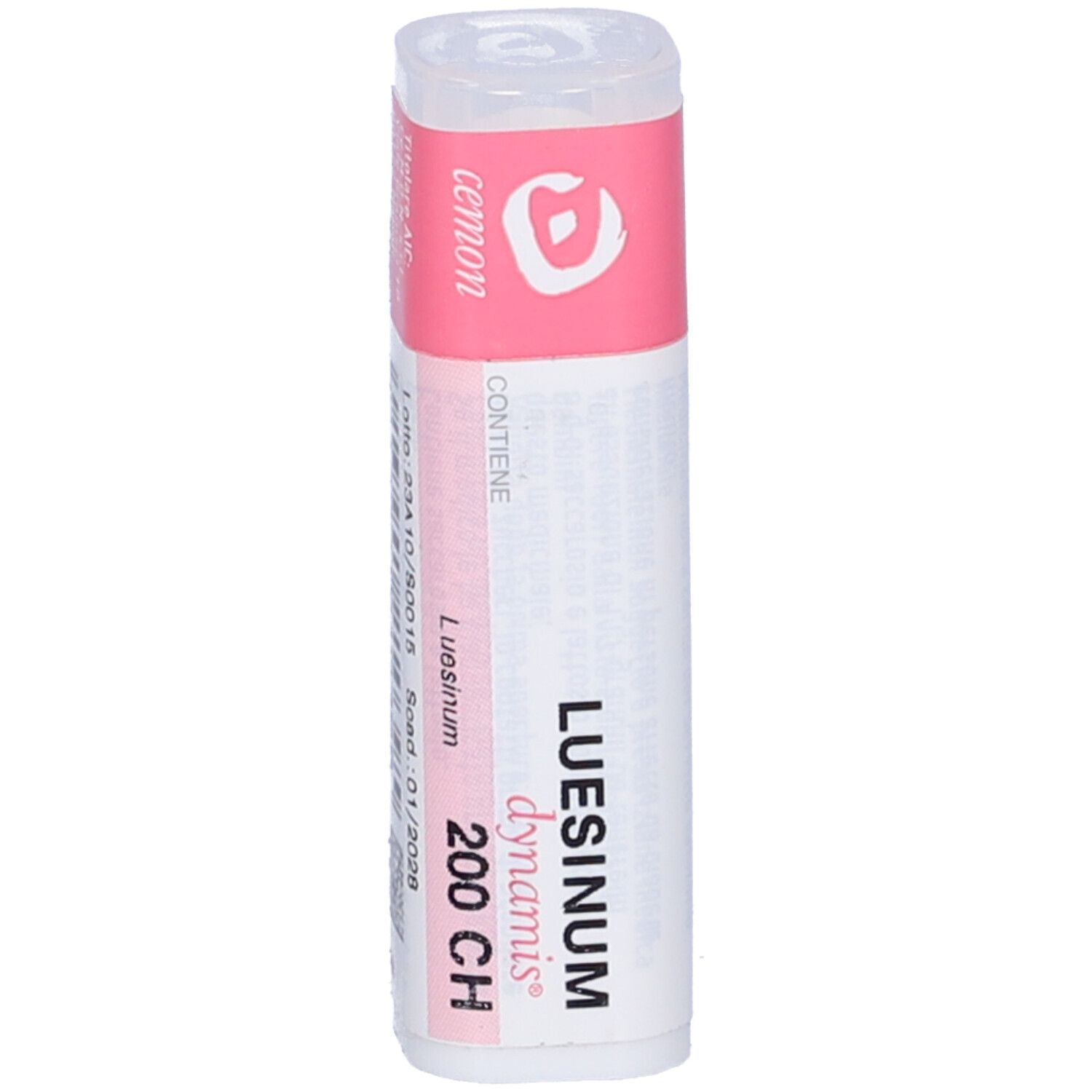 Confezione cilindrica con etichetta rosa e bianca. "Luesinum 200 CH" visibile.