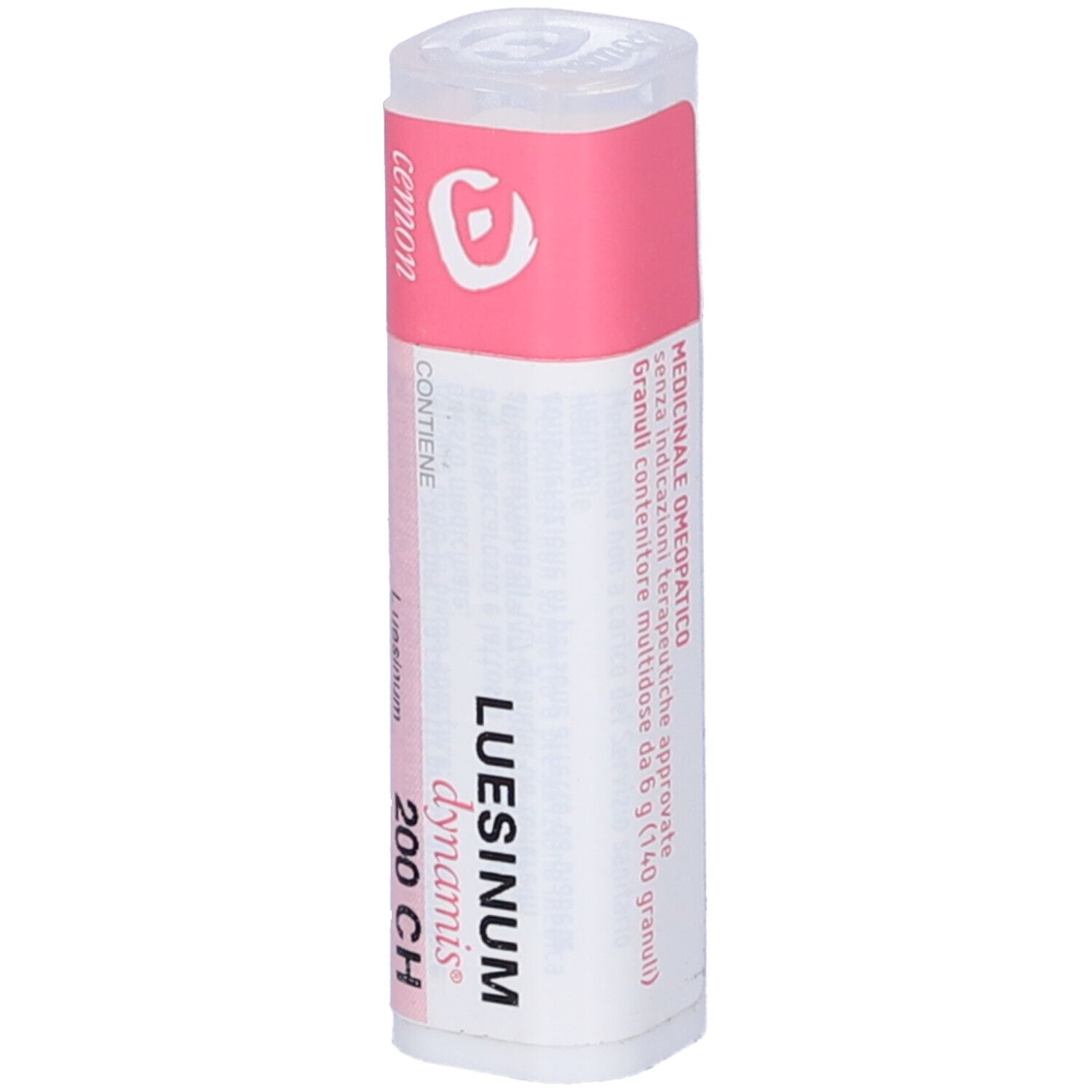 Confezione cilindrica con etichetta rosa e bianca. Dettagli testo e "Luesinum".