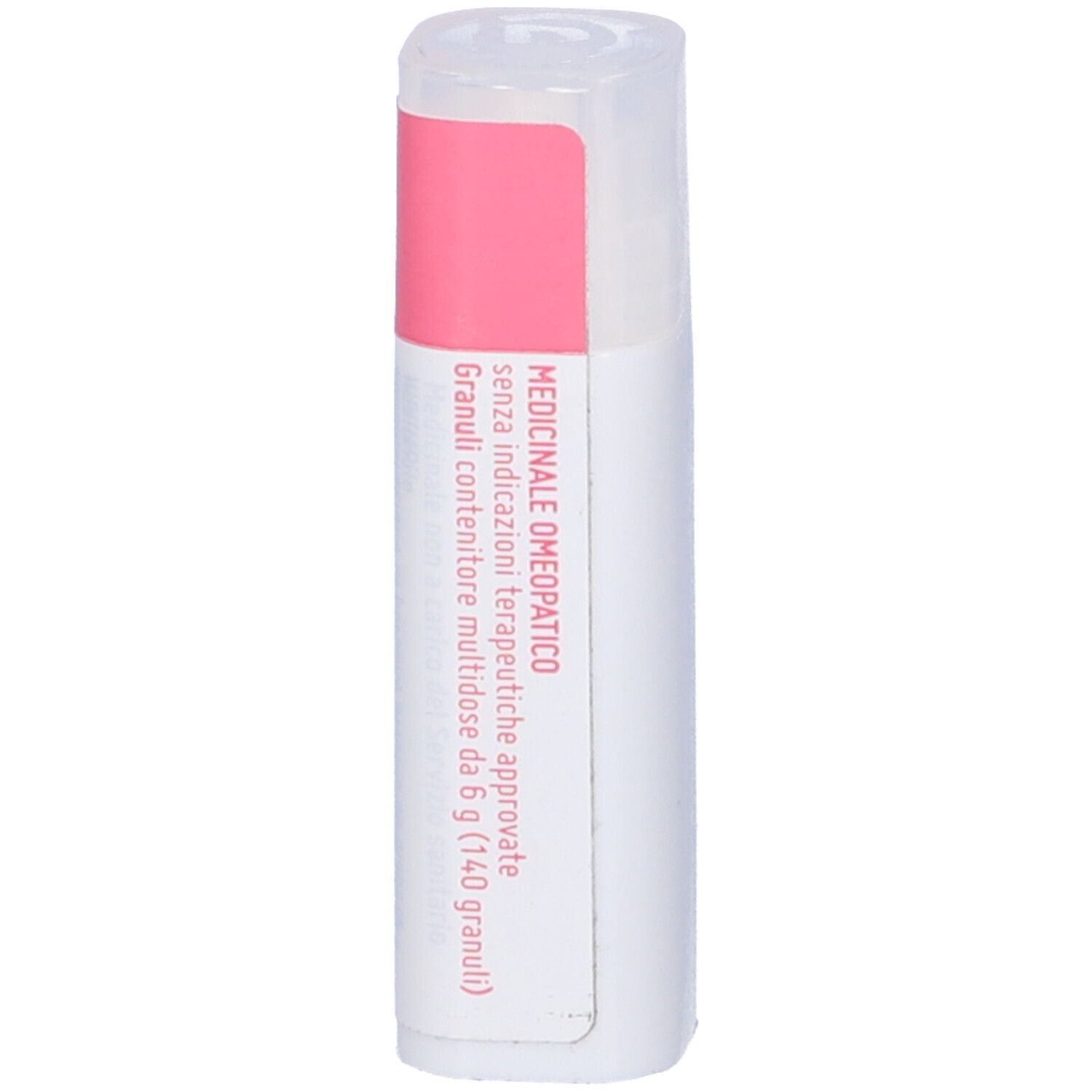 Confezione cilindrica con etichetta rosa e bianca. Dettagli testo e "Luesinum".