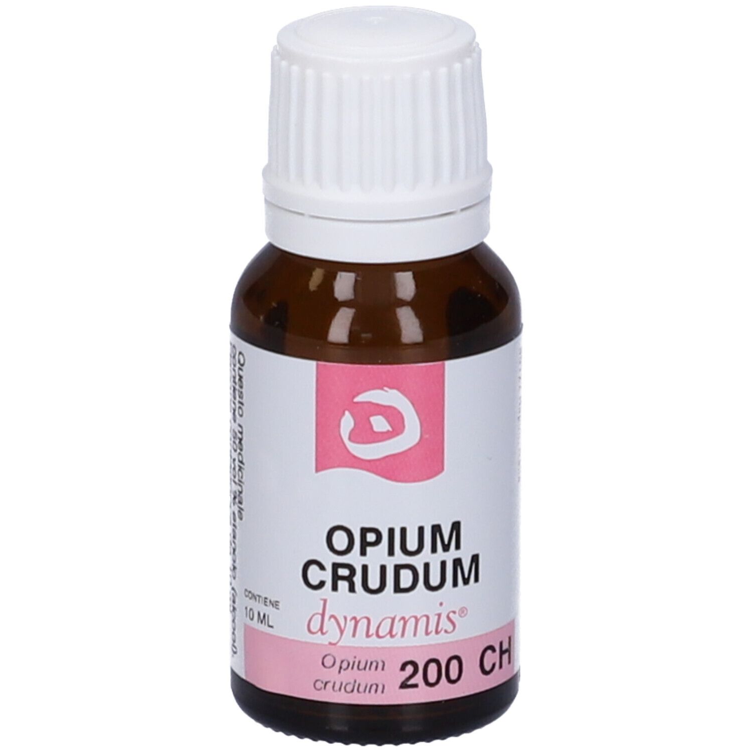 Flacone in vetro marrone con tappo bianco. Etichetta rosa: Opium Crudum 200 CH dynamis.