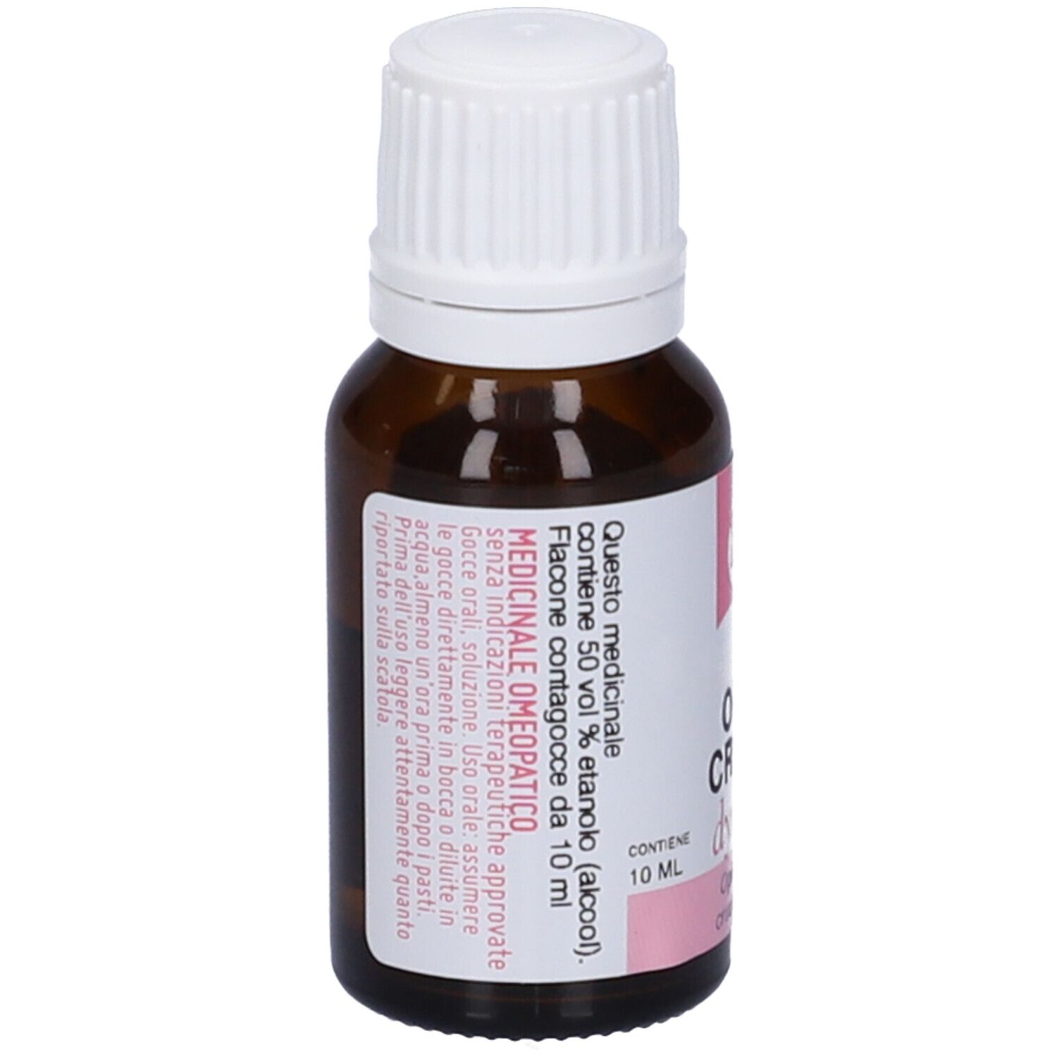 Flacone vetro marrone con tappo bianco. Etichetta rosa con testo: Opium Crudum 200 CH.