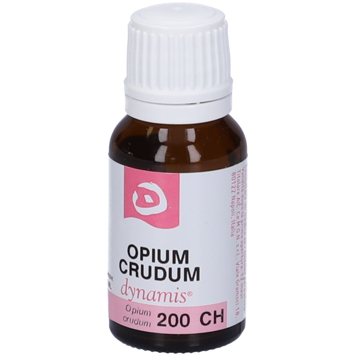 Flacone in vetro marrone con tappo bianco. Etichetta rosa: Opium Crudum 200 CH dynamis.