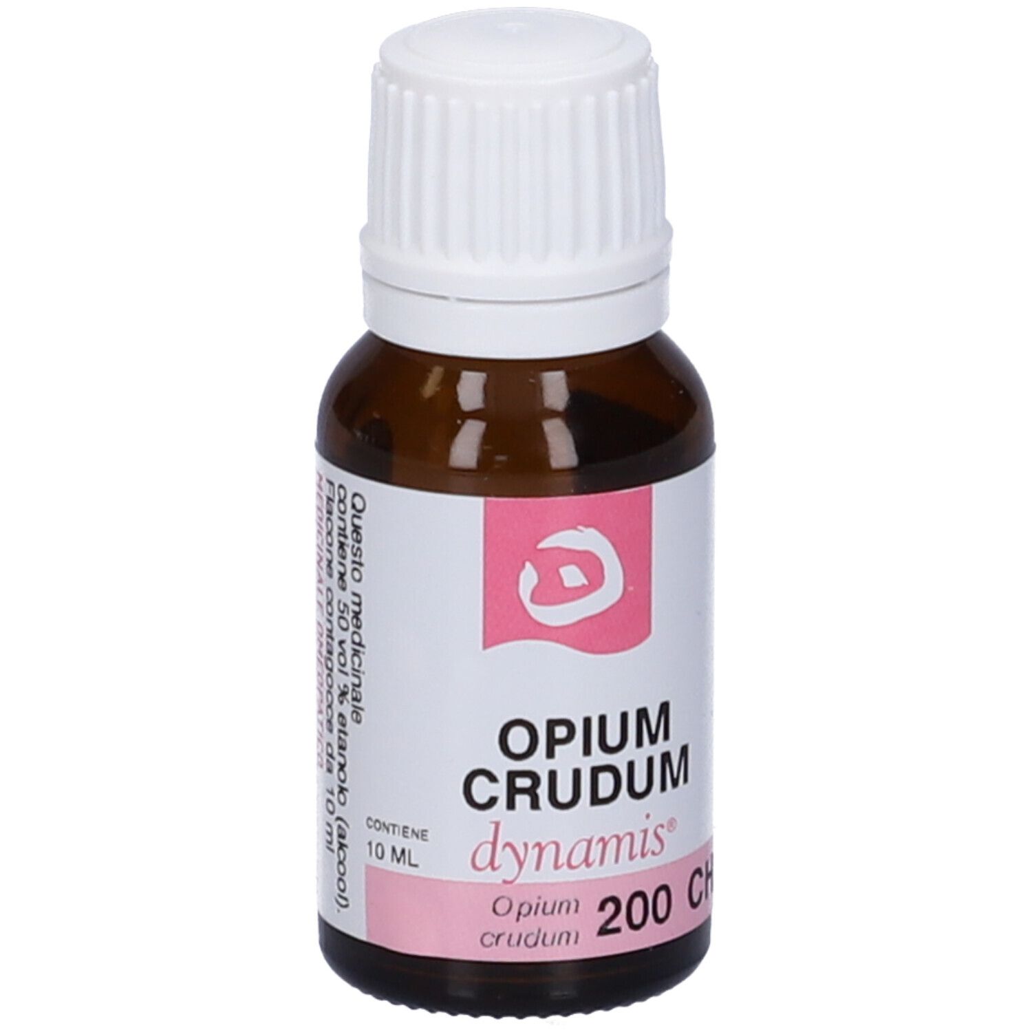 Flacone in vetro marrone con tappo bianco. Etichetta rosa: Opium Crudum 200 CH dynamis.