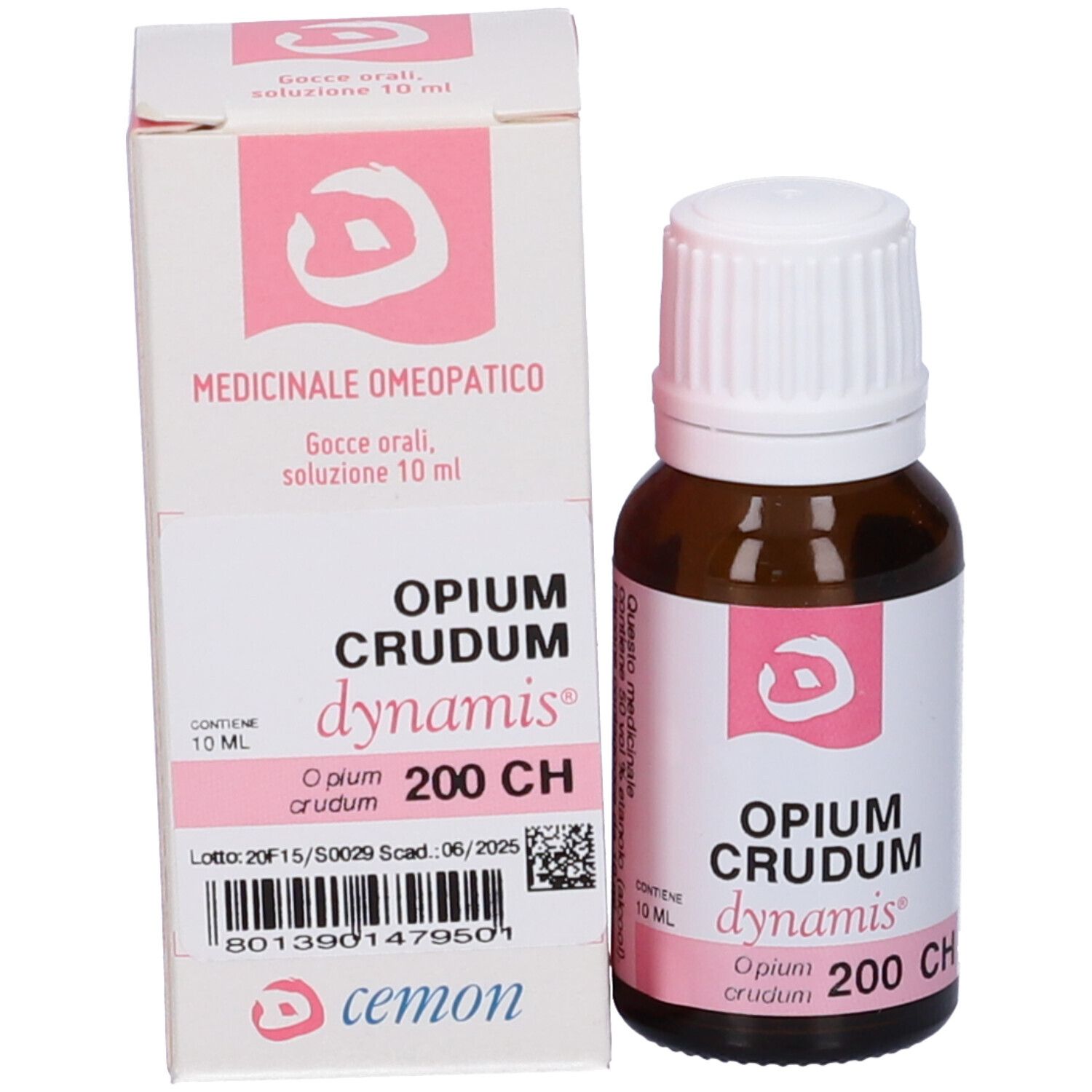 Flacone vetro marrone e scatola. Scritta: Opium Crudum 200 CH dynamis. Etichetta rosa.