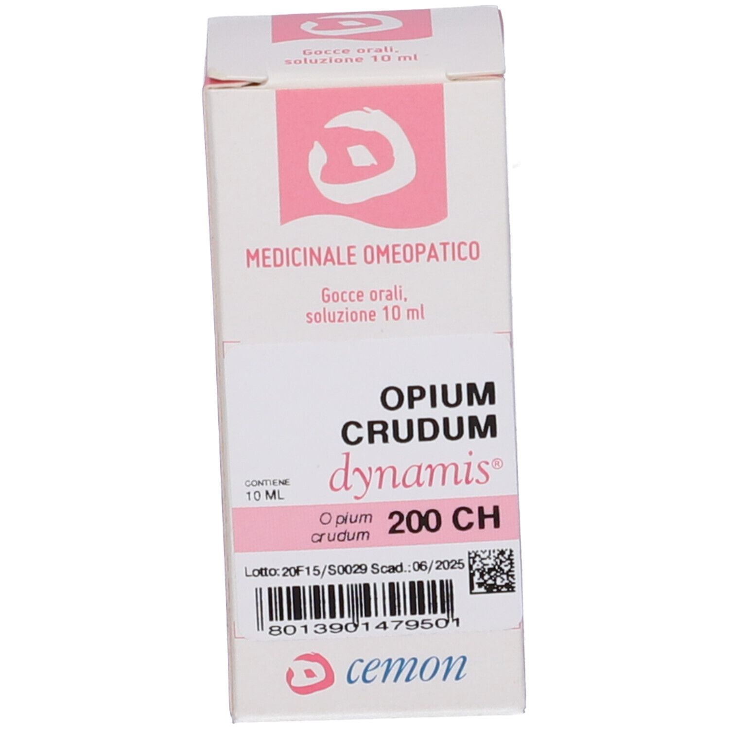 Scatola con scritta: Opium Crudum 200 CH dynamis. Etichetta rosa. Flacone accanto.