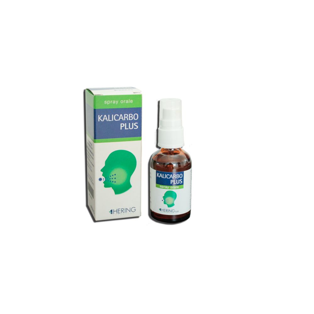 Flacone di vetro marrone con spray e scatola. Scritta: Kalicarbo Plus. Marchio: Hering. Illustrazione della bocca.