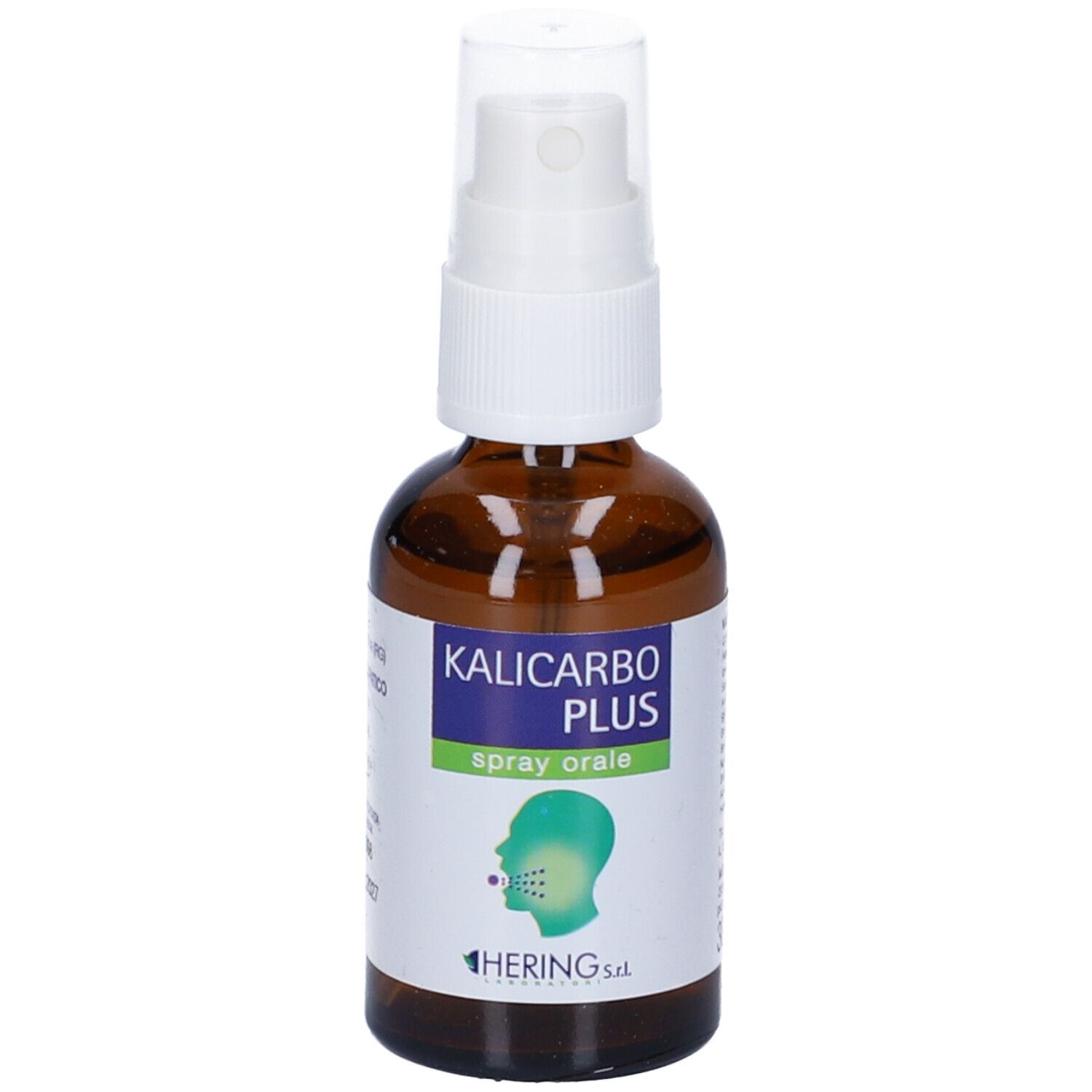 Flacone di vetro marrone con spray. Scritta: Kalicarbo Plus spray orale. Marchio: Hering. Illustrazione della bocca.
