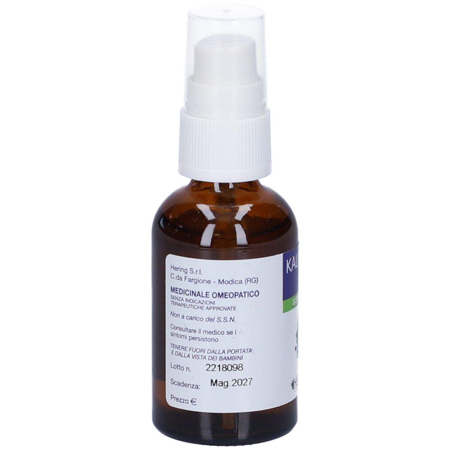 Flacone di vetro marrone con spray. Scritta: Kalicarbo Plus spray orale. Marchio: Hering. Testo sul retro.