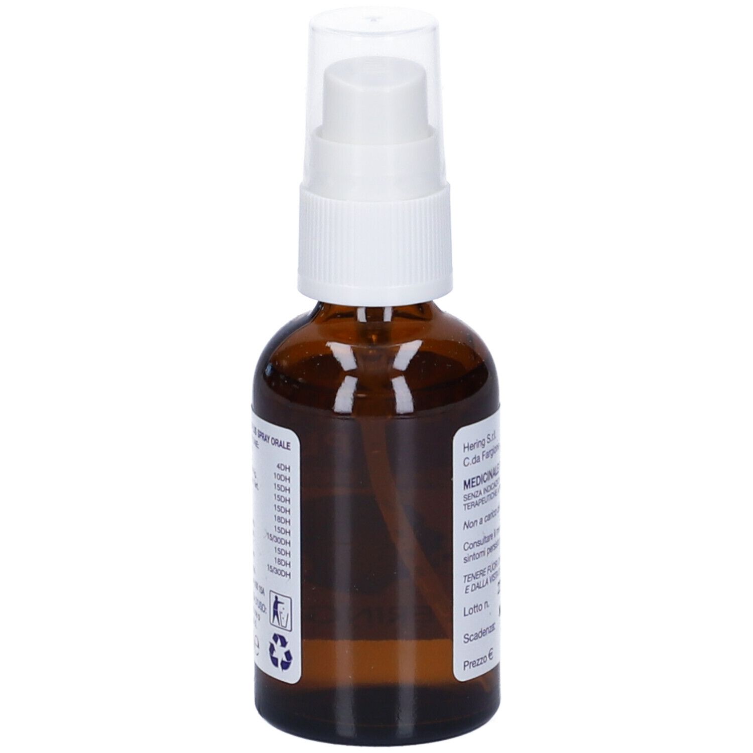Flacone di vetro marrone con spray. Scritta: Kalicarbo Plus spray orale. Marchio: Hering. Testo sul retro.