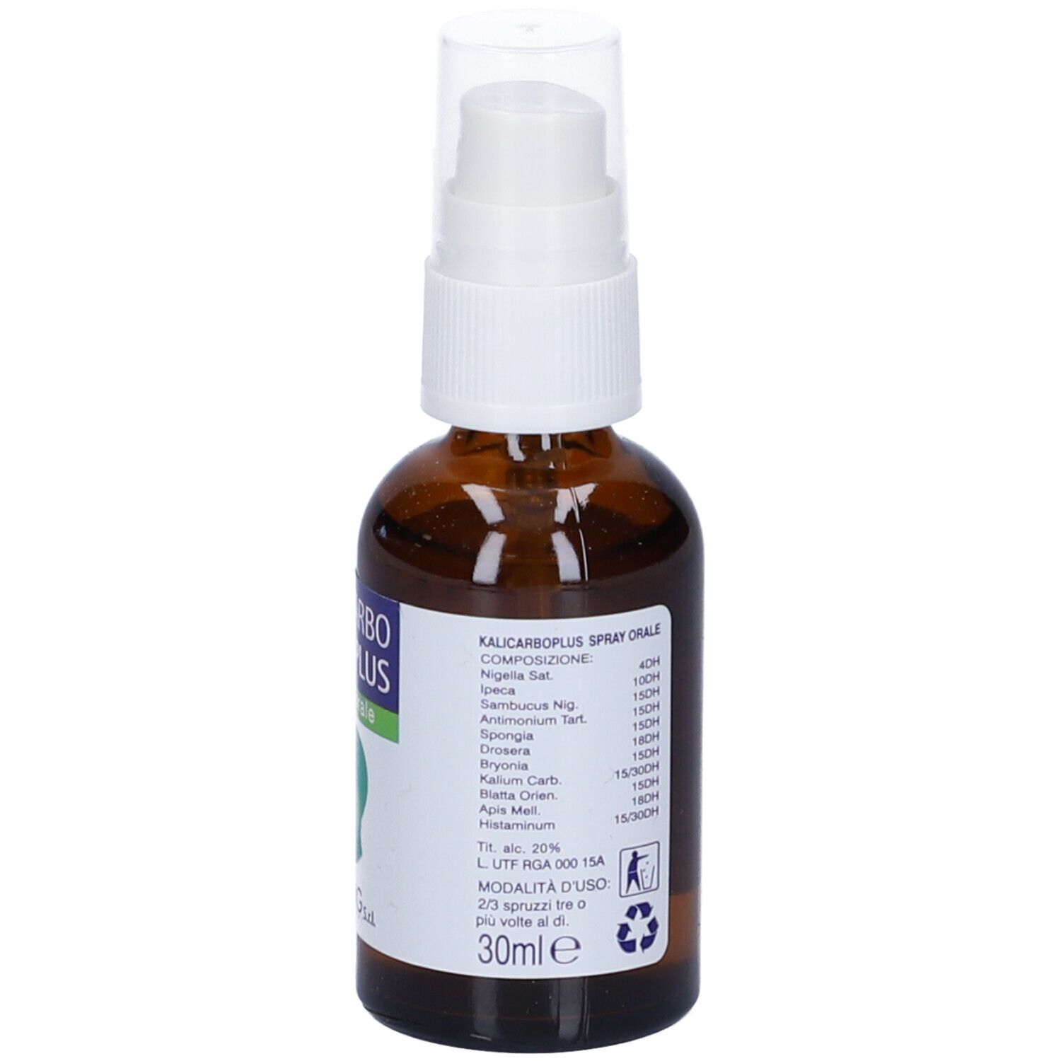 Flacone di vetro marrone con spray. Scritta: Kalicarbo Plus spray orale. Marchio: Hering. Ingredienti e volume.