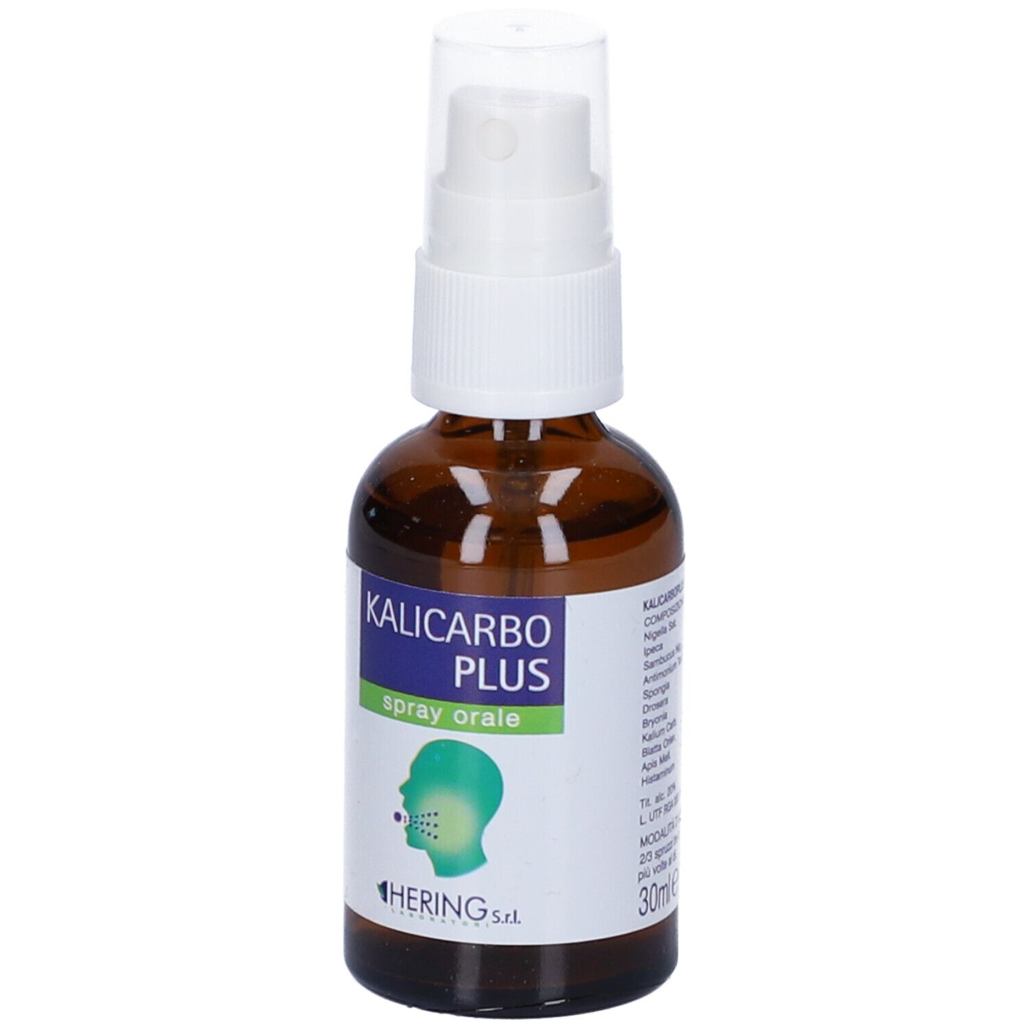 Flacone di vetro marrone con spray. Scritta: Kalicarbo Plus spray orale. Marchio: Hering. Illustrazione della bocca.