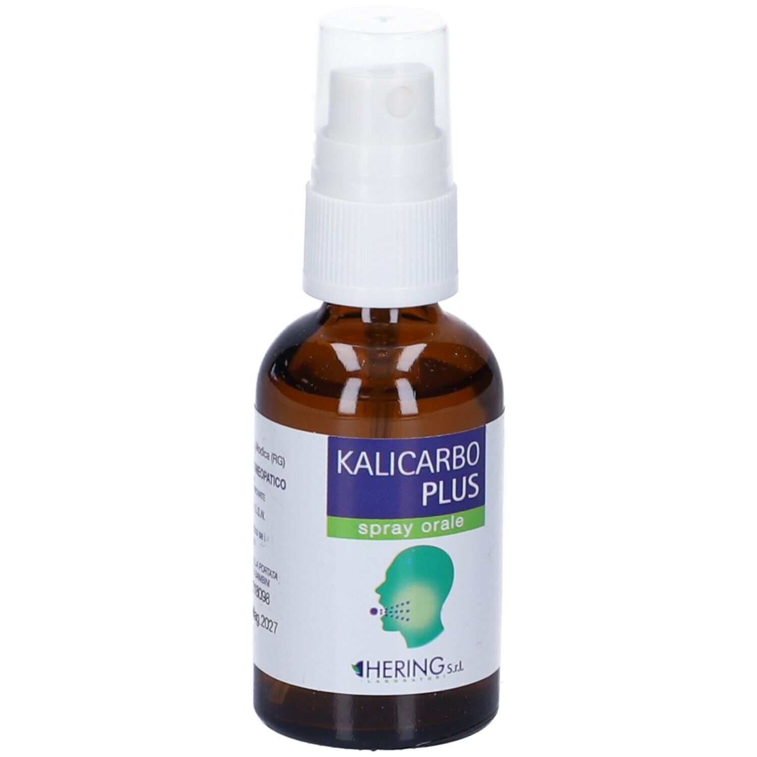 Flacone di vetro marrone con spray. Scritta: Kalicarbo Plus spray orale. Marchio: Hering. Illustrazione della bocca.