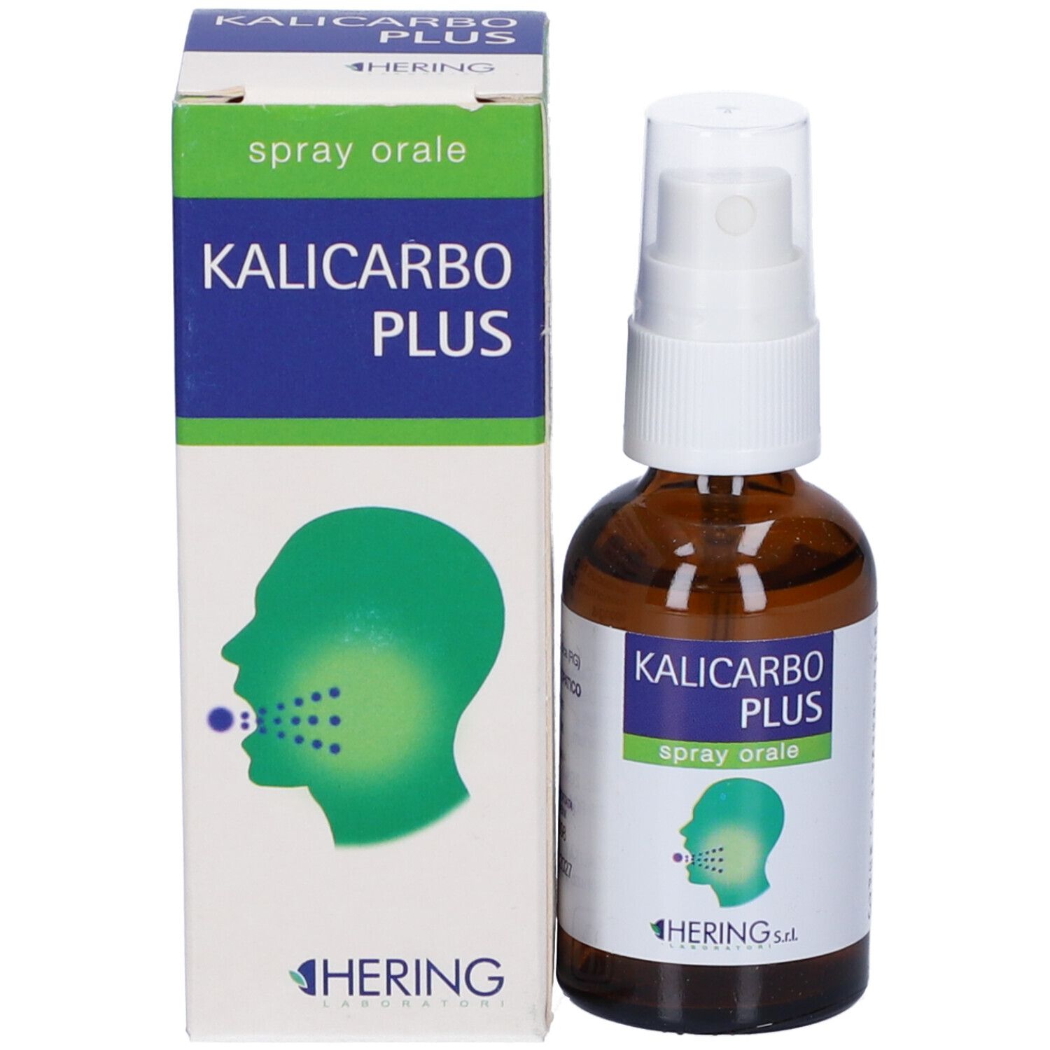 Flacone di vetro marrone con spray e scatola. Scritta: Kalicarbo Plus spray orale. Marchio: Hering. Illustrazione della bocca.
