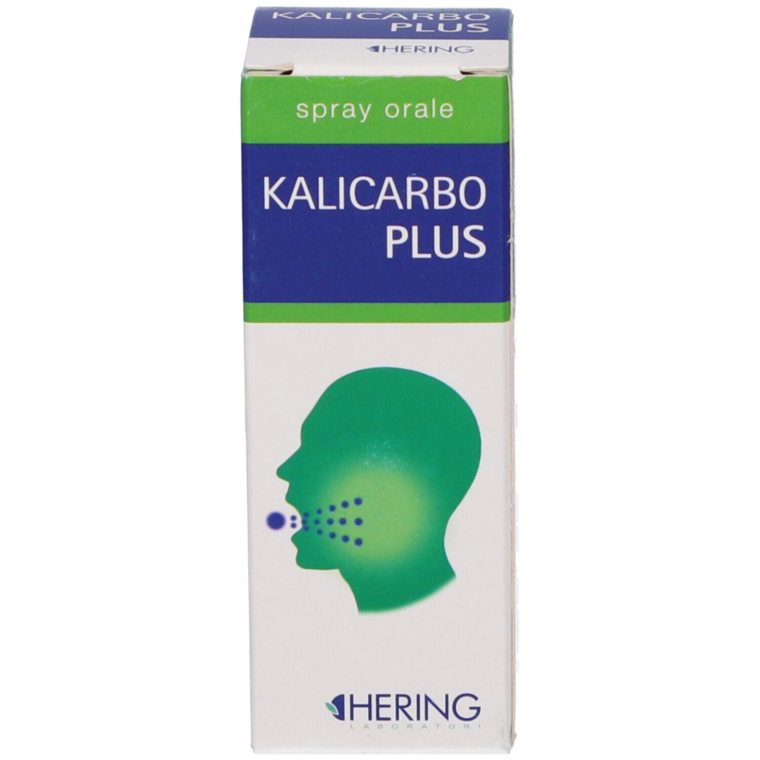 Scatola con scritta: Kalicarbo Plus spray orale. Marchio: Hering. Illustrazione della bocca.