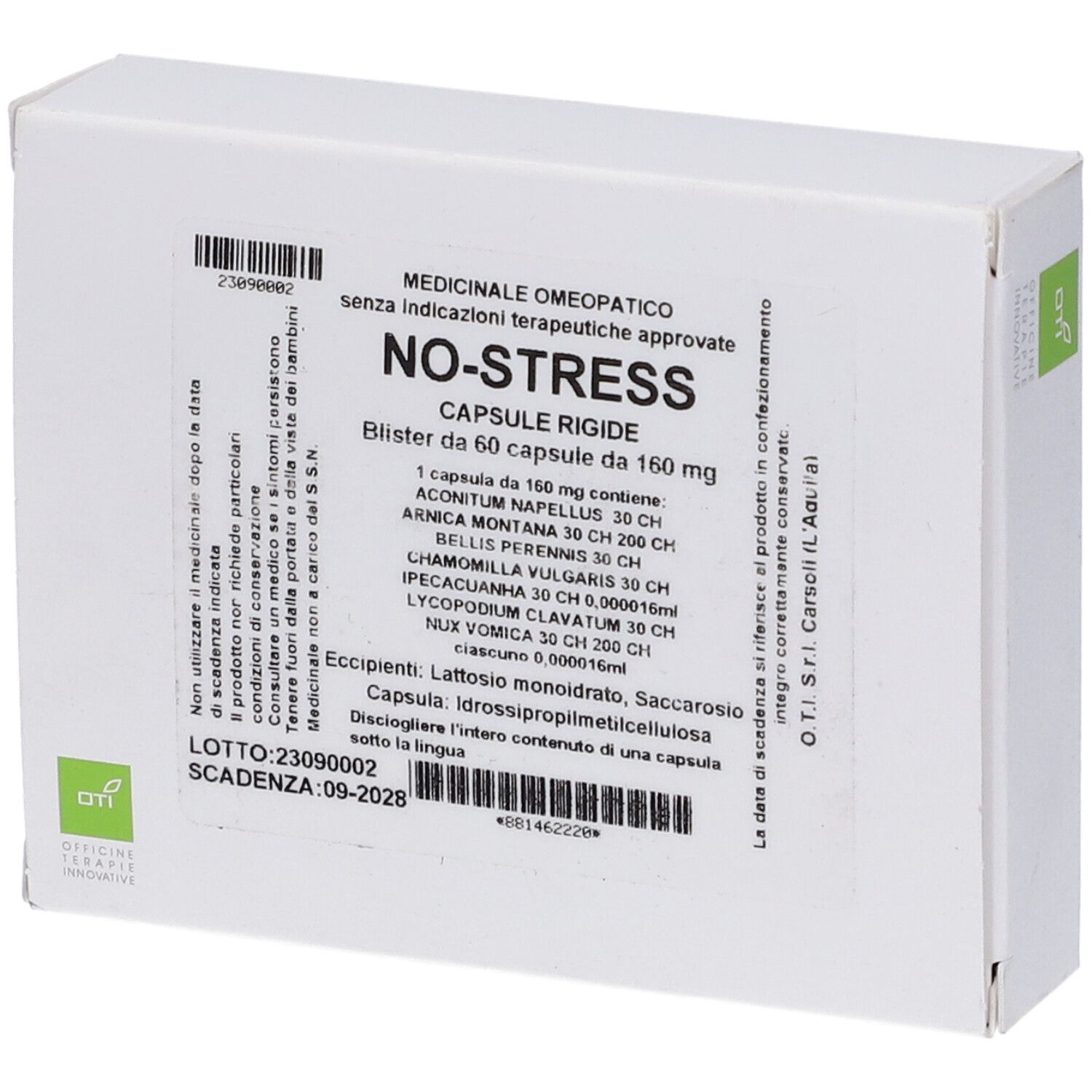 Scatola bianca con scritta NO-STRESS. Testo in italiano. Contiene 60 capsule. Codice a barre in alto a sinistra.