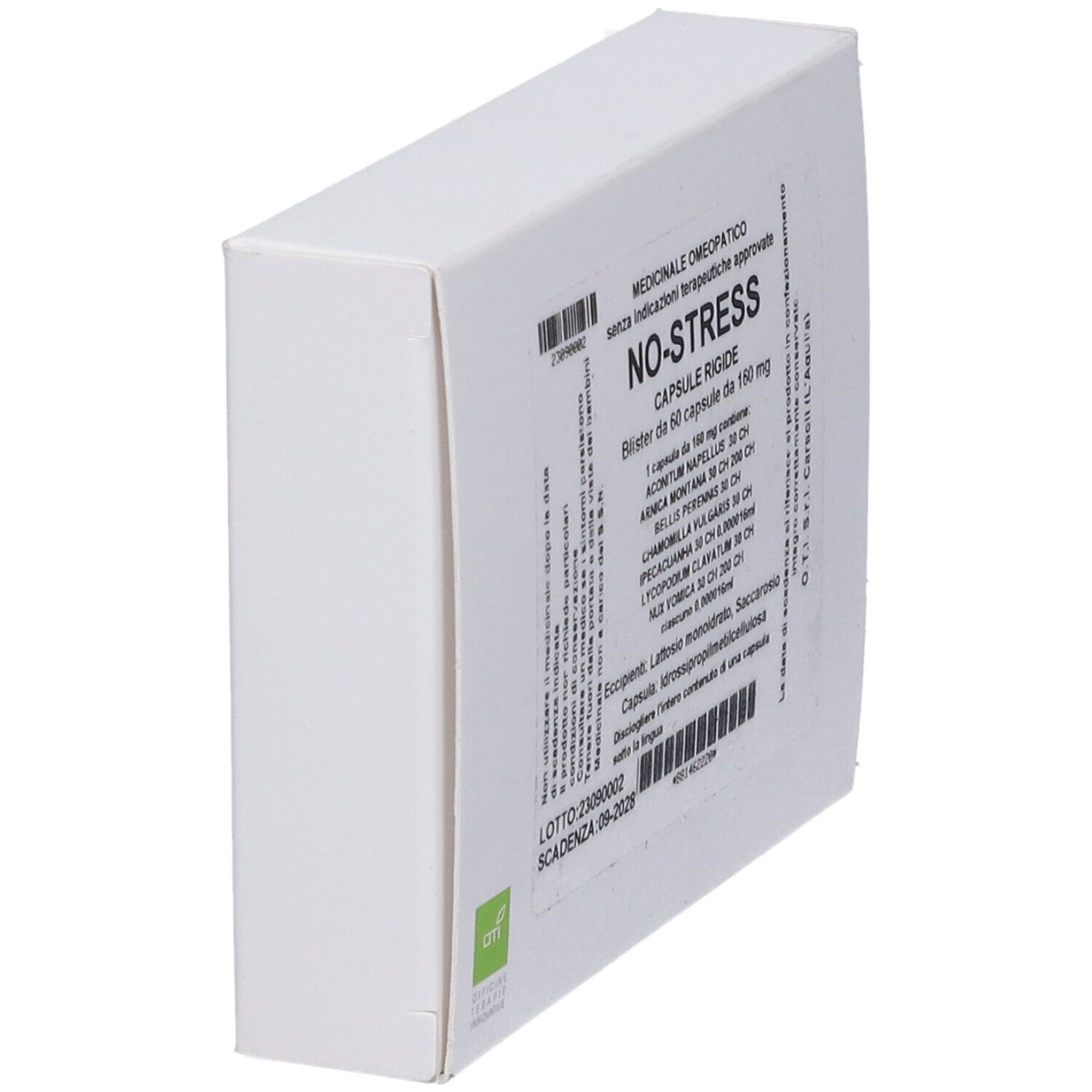 Scatola bianca con scritta NO-STRESS. Testo in italiano. Contiene 60 capsule. Scatola in diagonale.