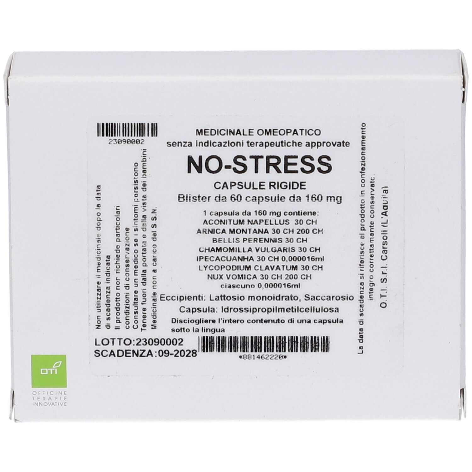 Scatola bianca con scritta NO-STRESS. Testo in italiano. Contiene 60 capsule. Codice a barre in alto a sinistra.