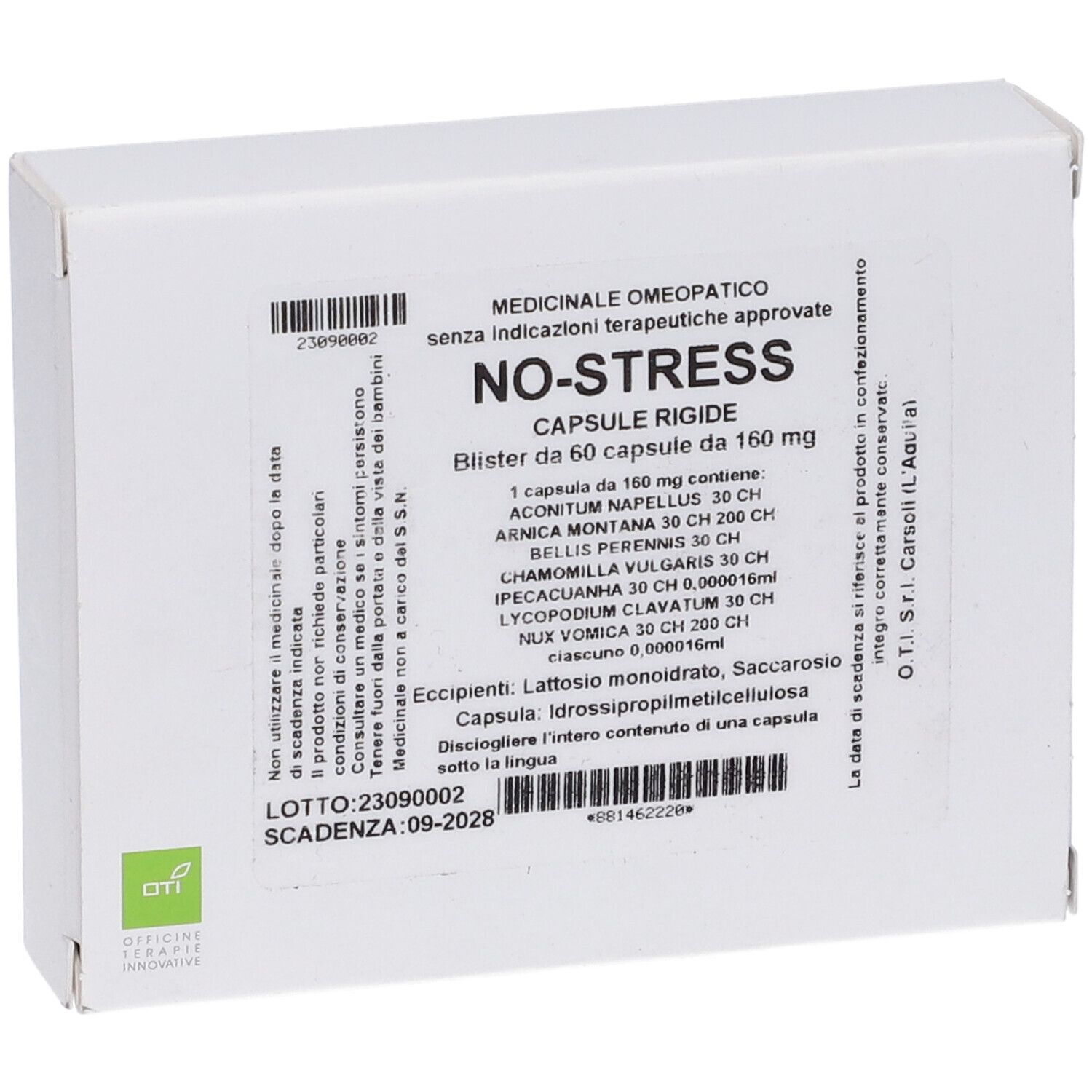Scatola bianca con scritta NO-STRESS. Testo in italiano. Contiene 60 capsule. Codice a barre in alto a sinistra.