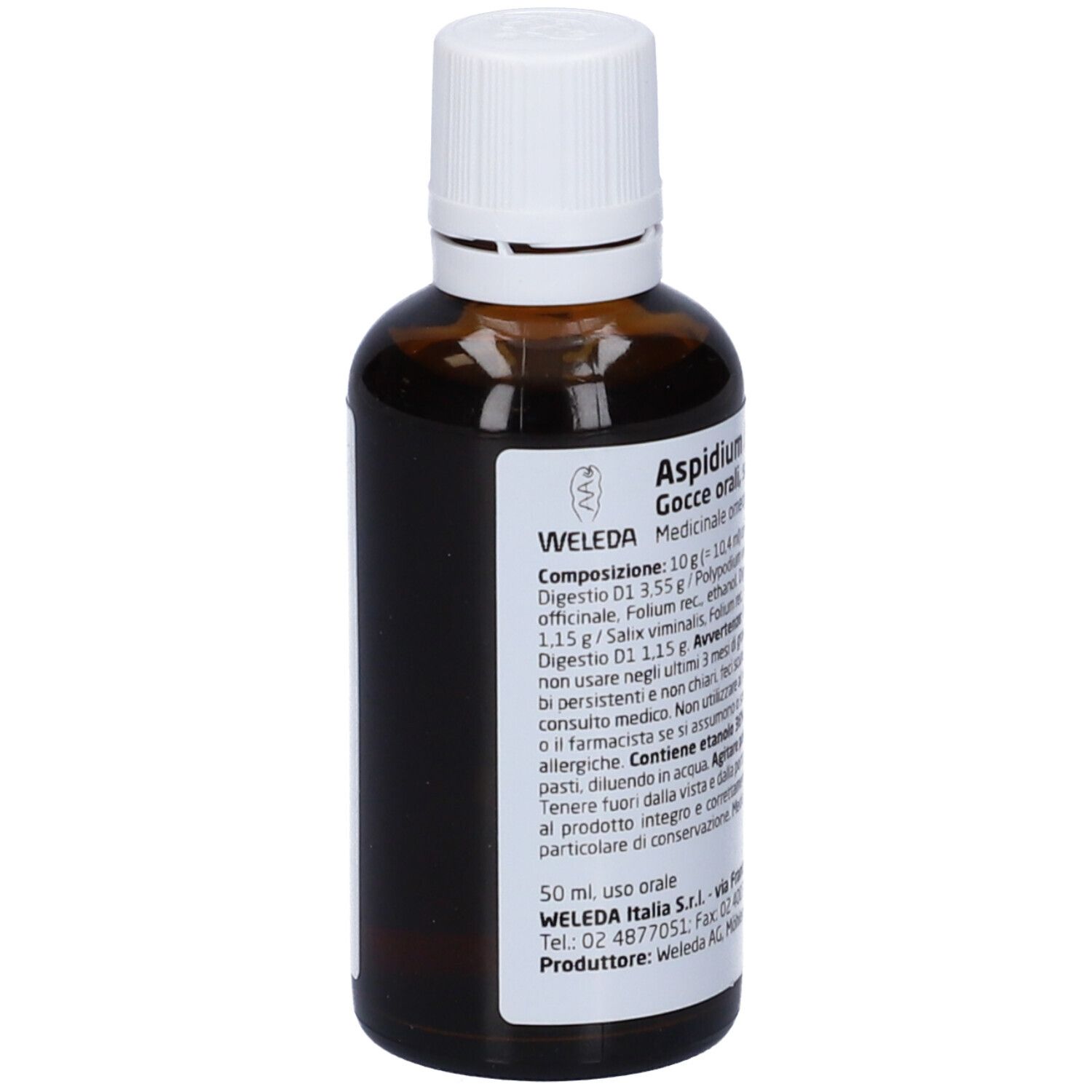 Flacone di vetro marrone con tappo bianco. Etichetta con nome del prodotto e ingredienti. Marchio Weleda visibile.