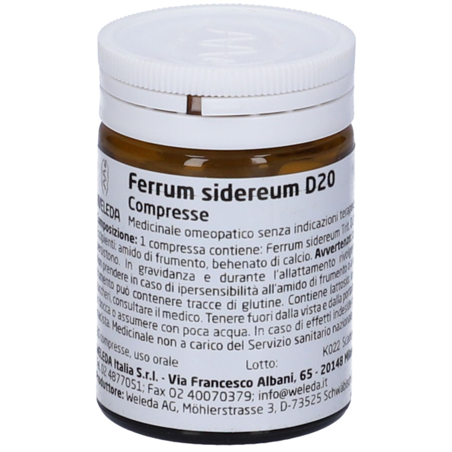 Flacone di vetro marrone con coperchio bianco. Scritta: Ferrum sidereum D20 Compresse. Etichetta con informazioni sul prodotto.