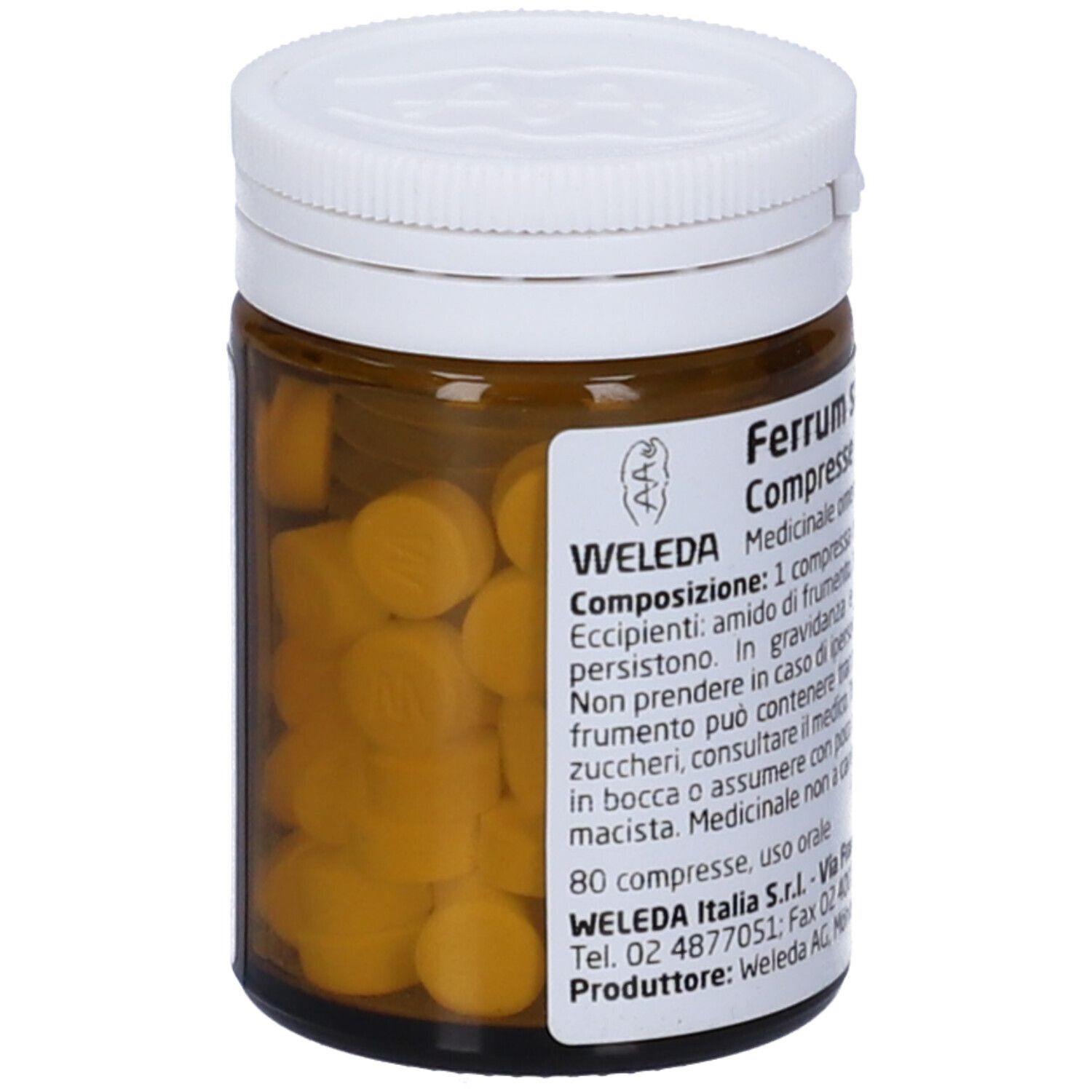 Flacone di vetro marrone con coperchio bianco, pieno di compresse gialle. Scritta: Ferrum sidereum D20 Compresse. Etichetta.