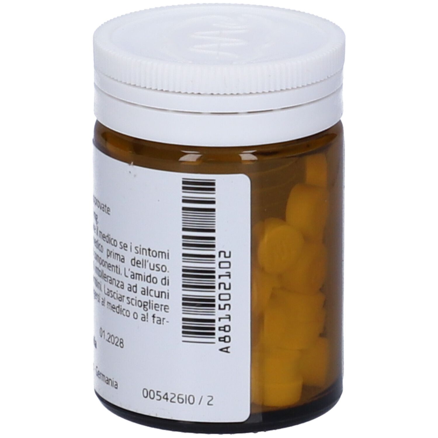 Flacone di vetro marrone con coperchio bianco. Retro con etichetta e codice a barre. Scritta: Ferrum sidereum D20 Compresse.