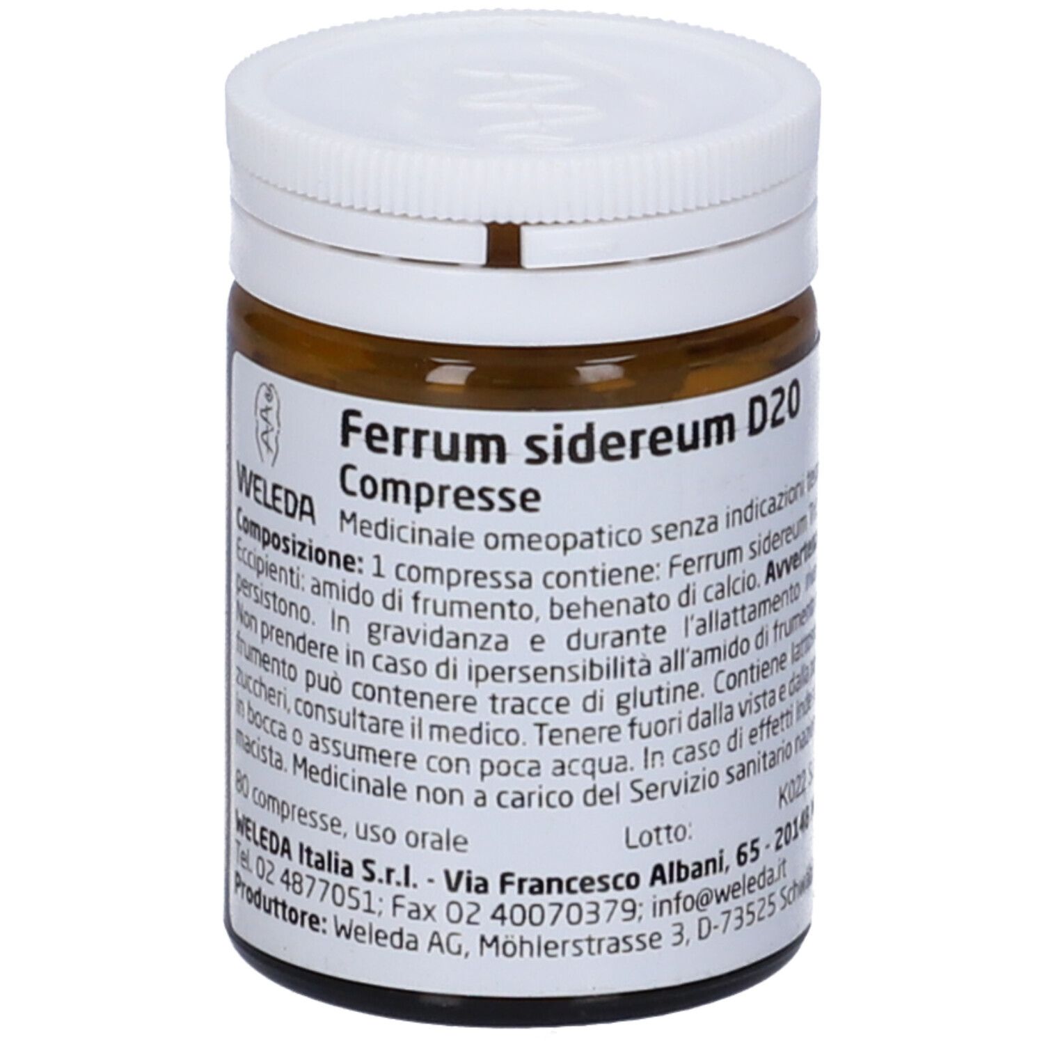 Flacone di vetro marrone con coperchio bianco. Scritta: Ferrum sidereum D20 Compresse. Etichetta con informazioni sul prodotto.