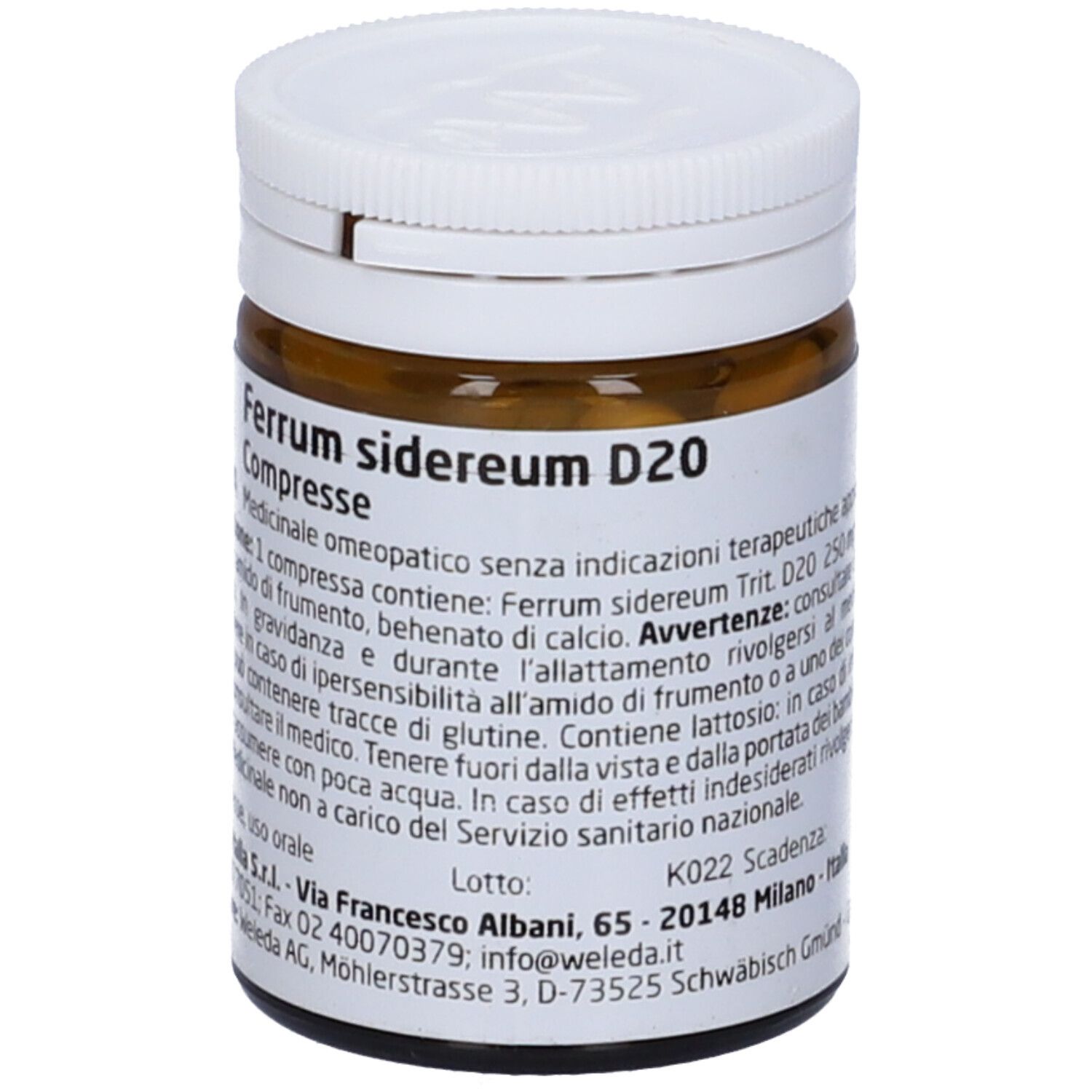 Flacone di vetro marrone con coperchio bianco. Scritta: Ferrum sidereum D20 Compresse. Etichetta con informazioni sul prodotto.