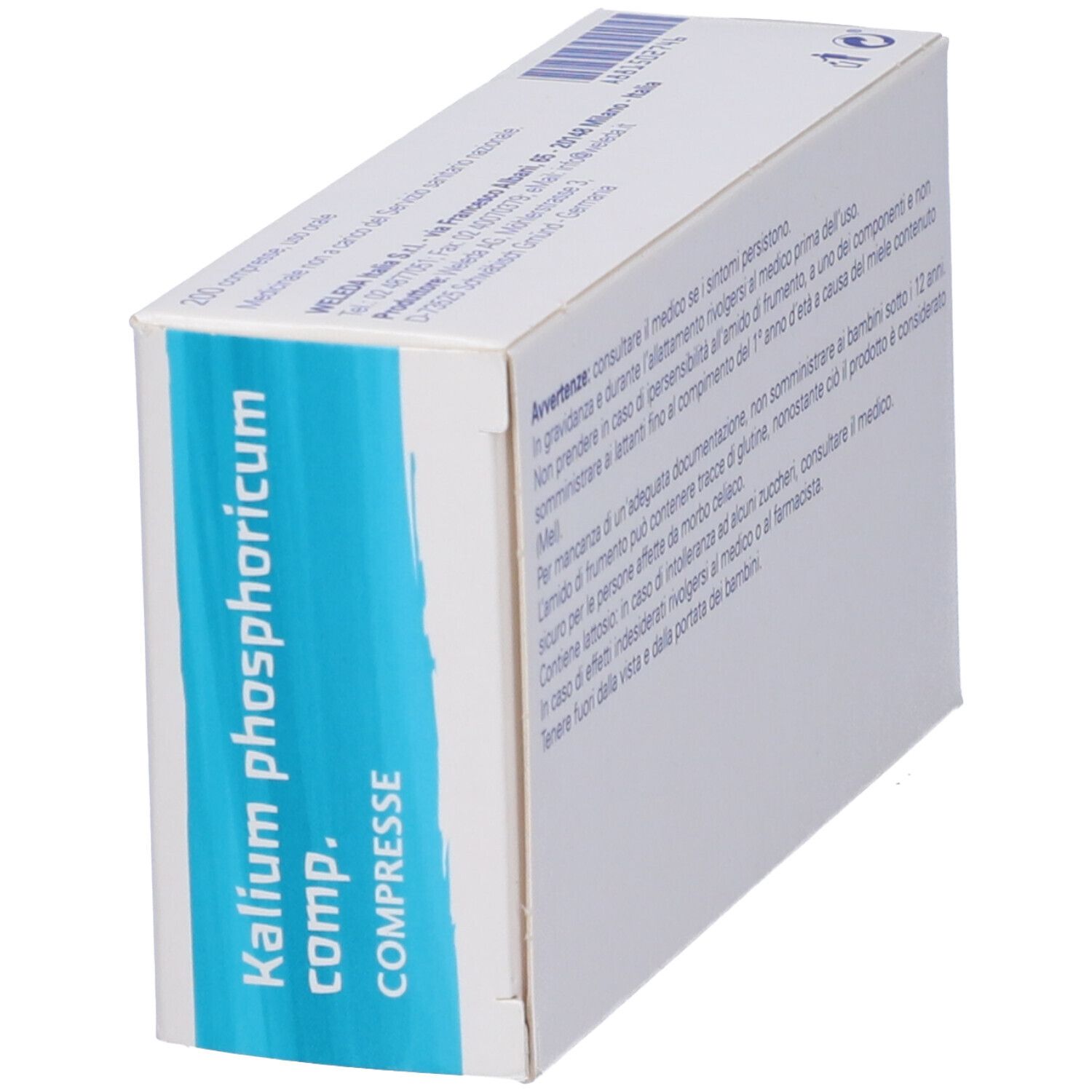 Scatola Weleda Kalium phosphoricum comp. Lato blu con testo. "COMPRESSE" e nome del prodotto.