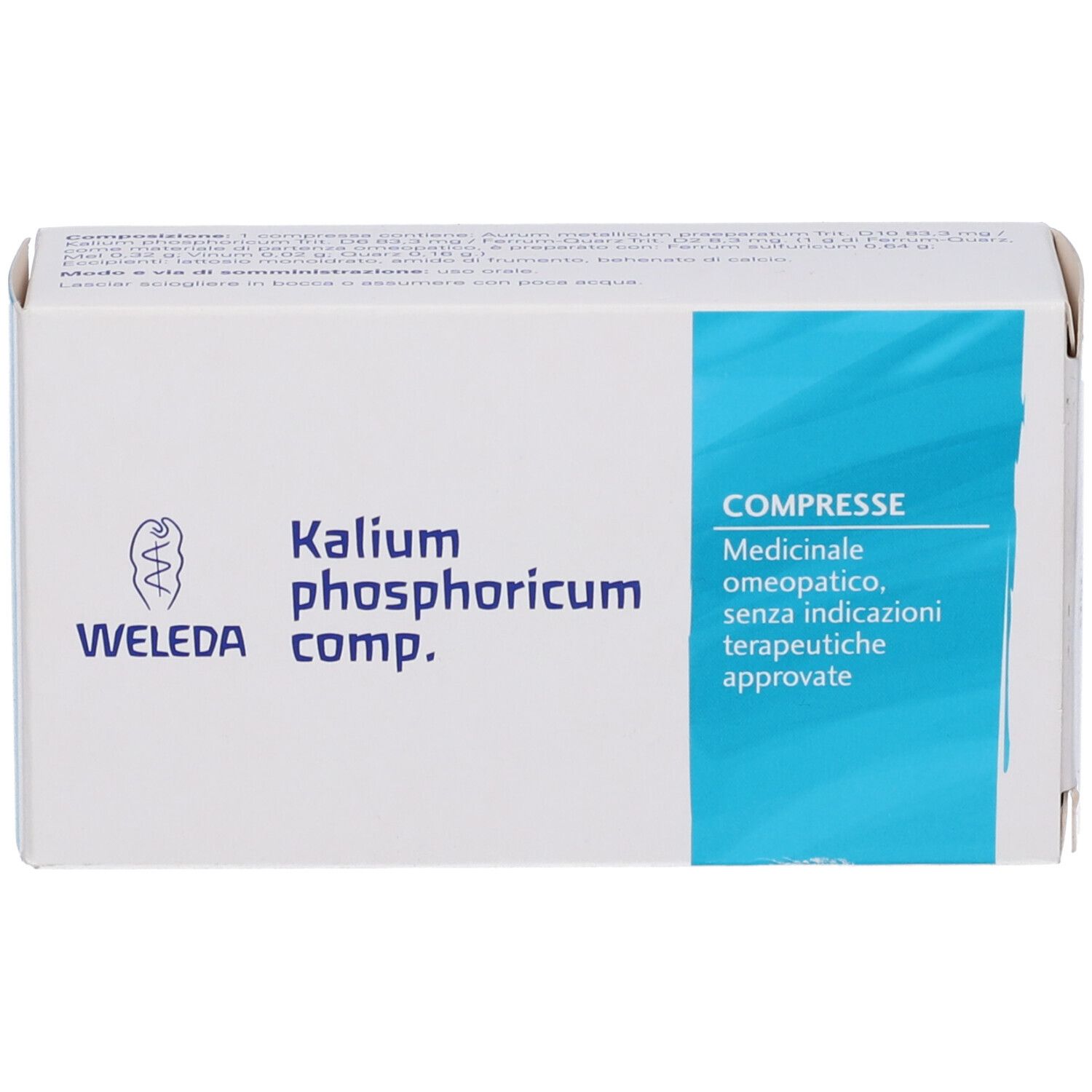 Scatola Weleda Kalium phosphoricum comp. Accenti blu con testo. "COMPRESSE" e altre informazioni.
