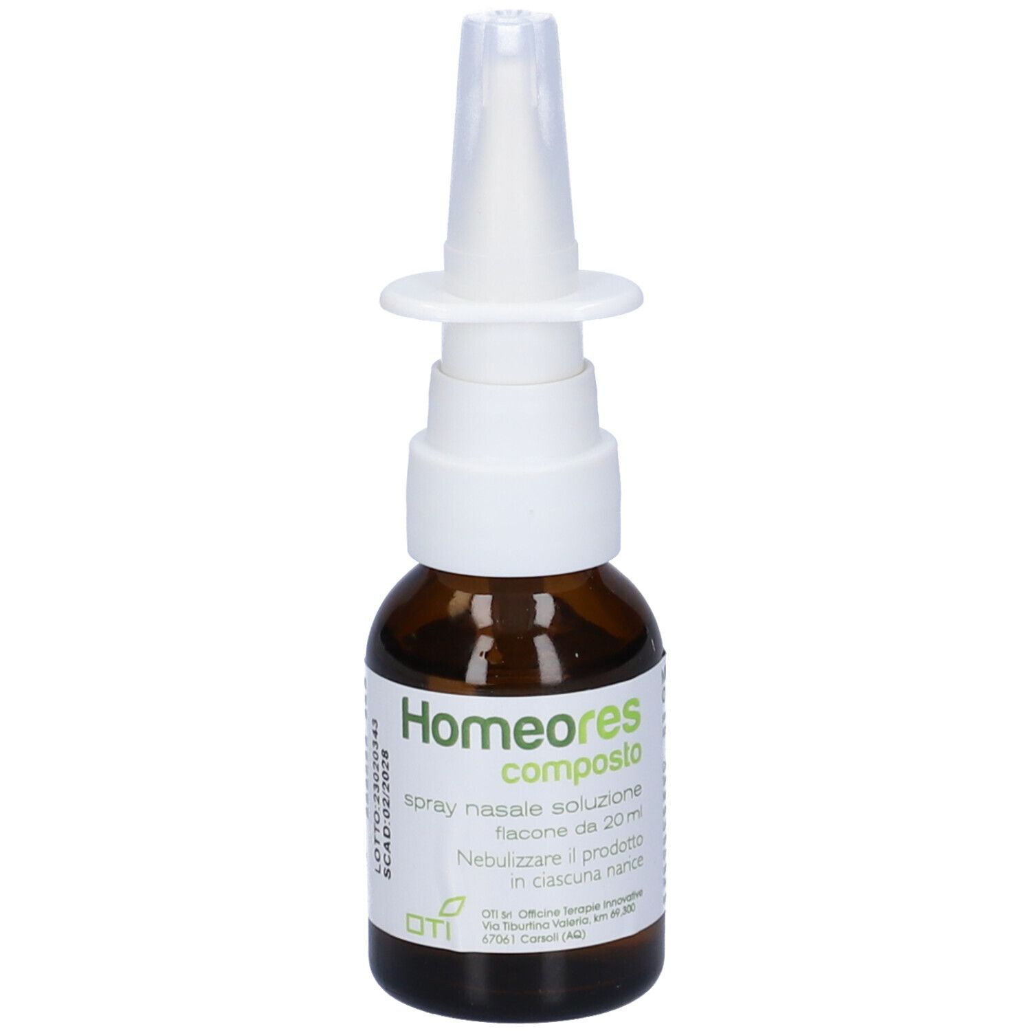 Flacone di vetro marrone con nebulizzatore bianco. Scritta: Homeores composto, spray nasale soluzione.