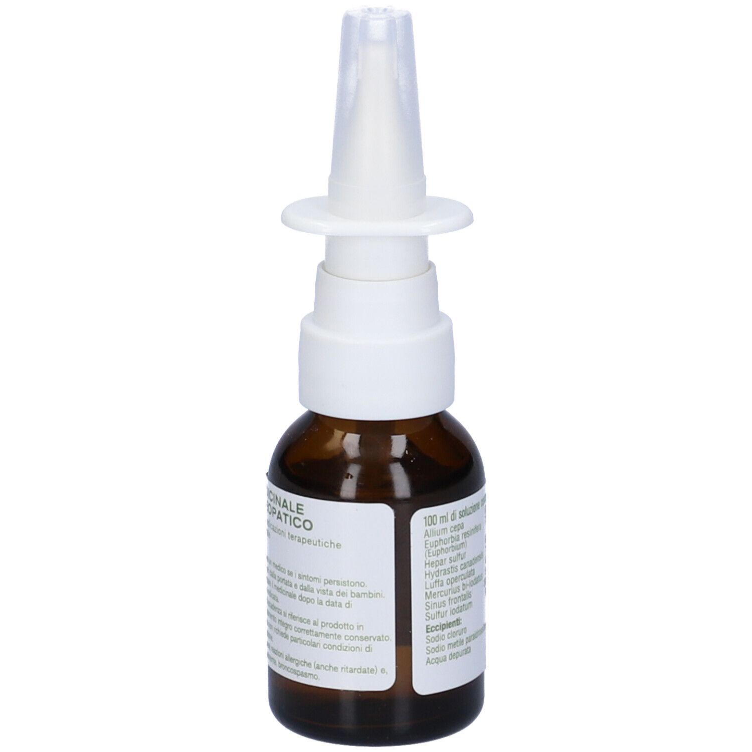 Flacone di vetro marrone con nebulizzatore bianco. Etichetta con ingredienti e informazioni produttore.