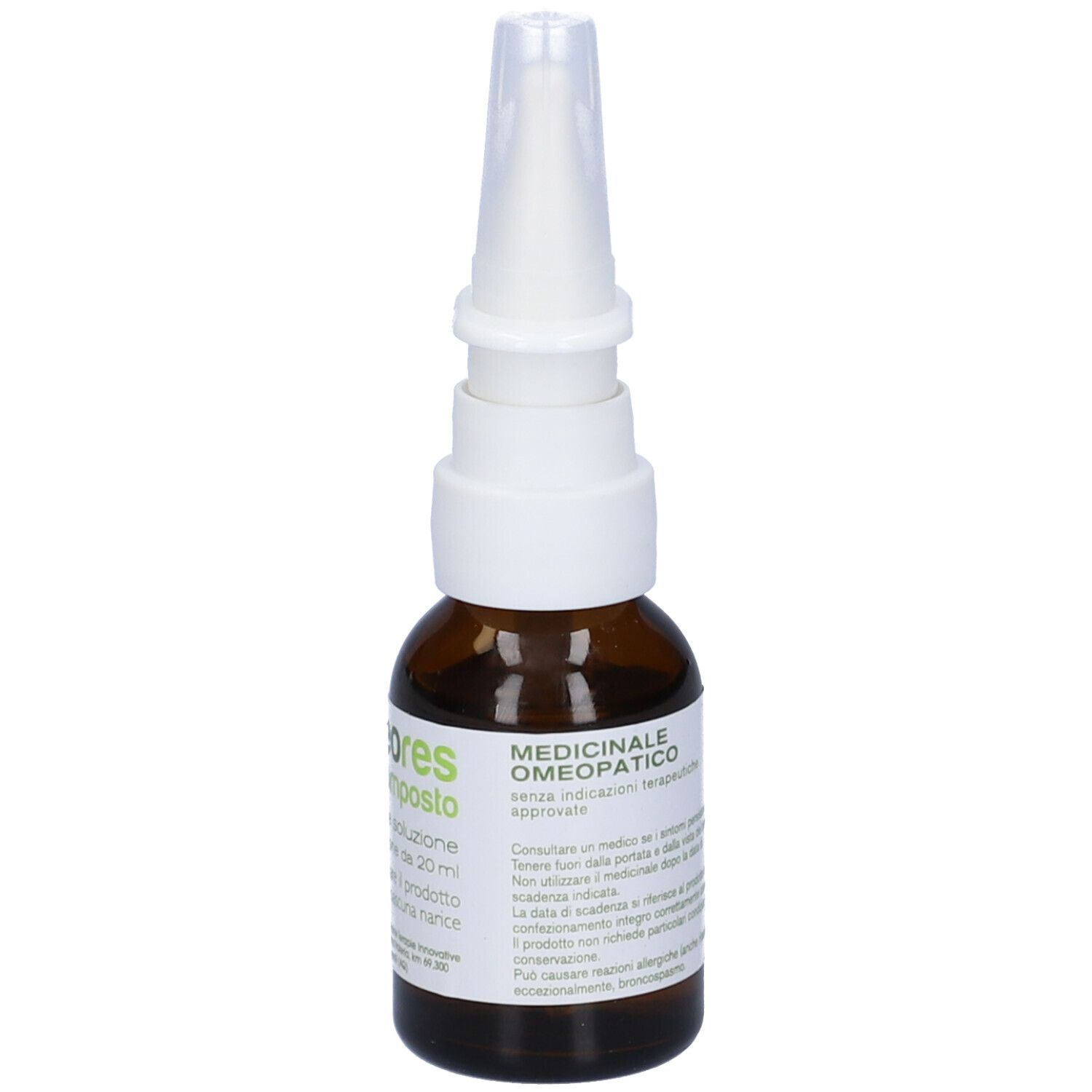 Flacone di vetro marrone con nebulizzatore bianco. Scritta: Medicinale omeopatico, Homeores composto.