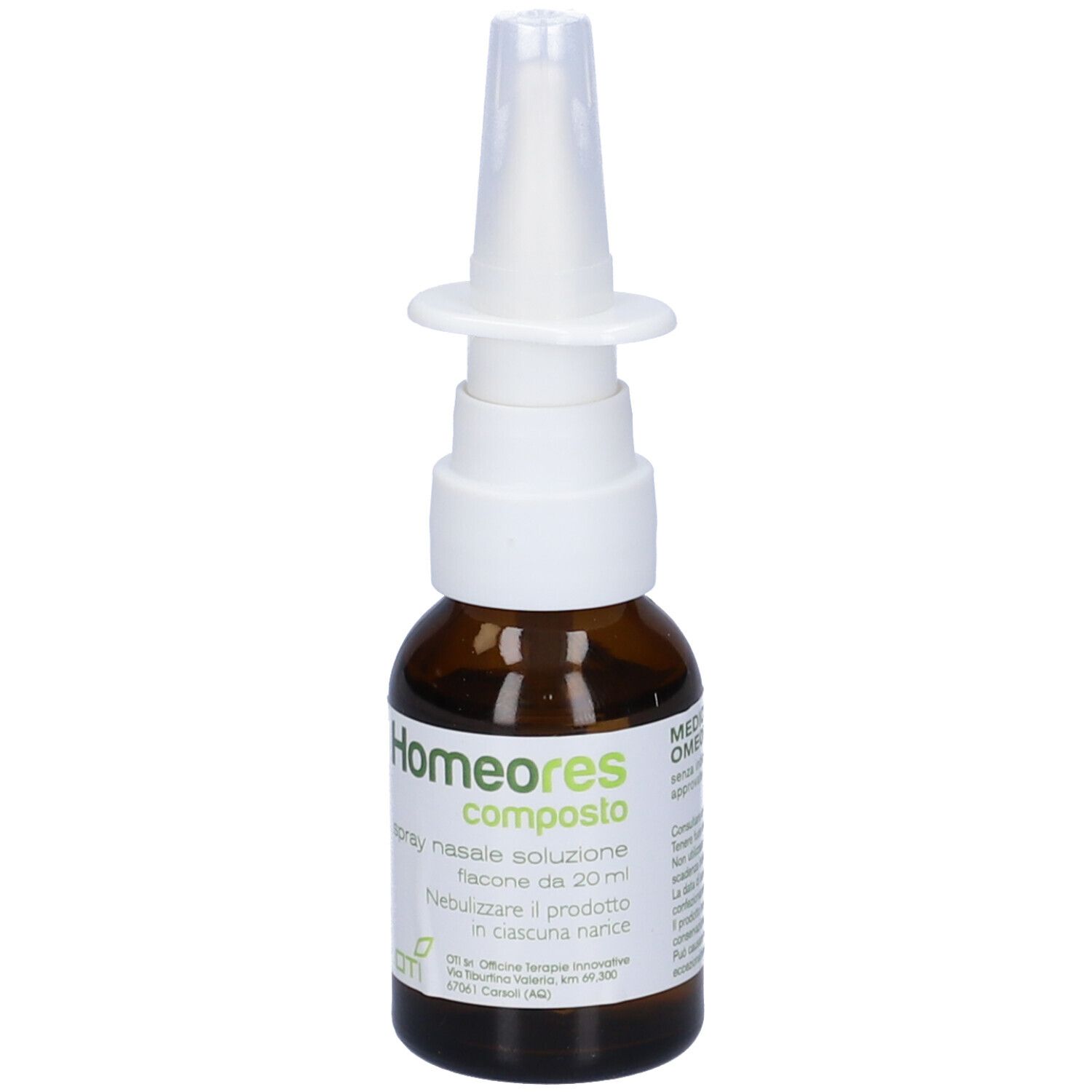 Flacone di vetro marrone con nebulizzatore bianco. Scritta: Homeores composto, spray nasale soluzione.