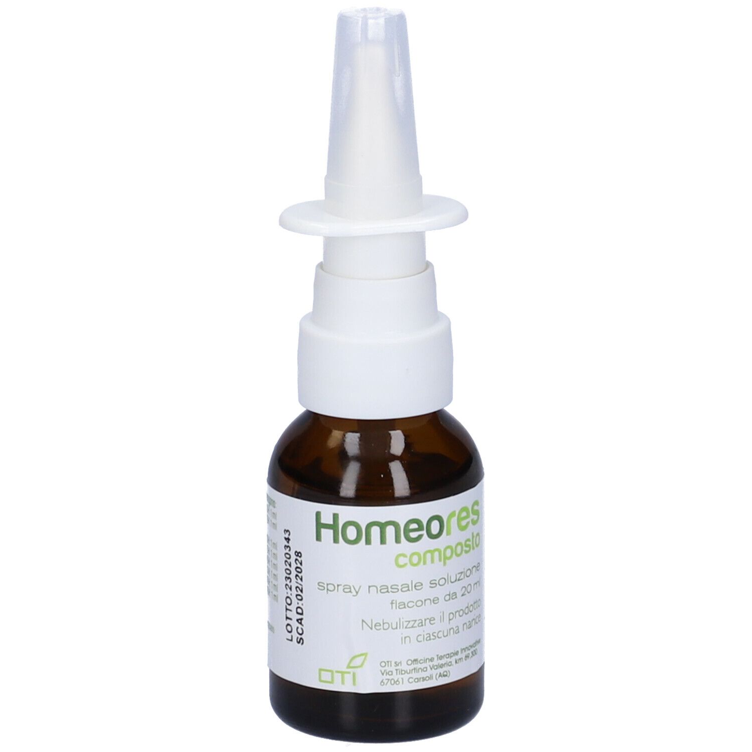 Flacone di vetro marrone con nebulizzatore bianco. Scritta: Homeores composto, spray nasale soluzione.