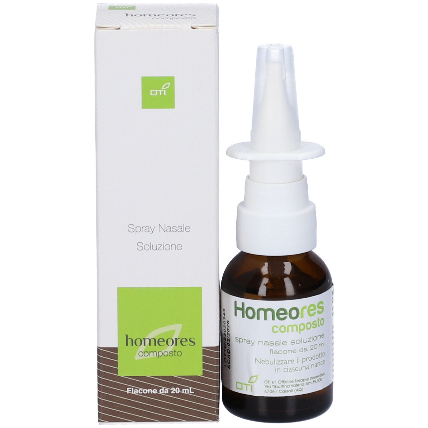 Confezione del prodotto con flacone e scatola. Scritta: Homeores composto, Spray Nasale Soluzione.