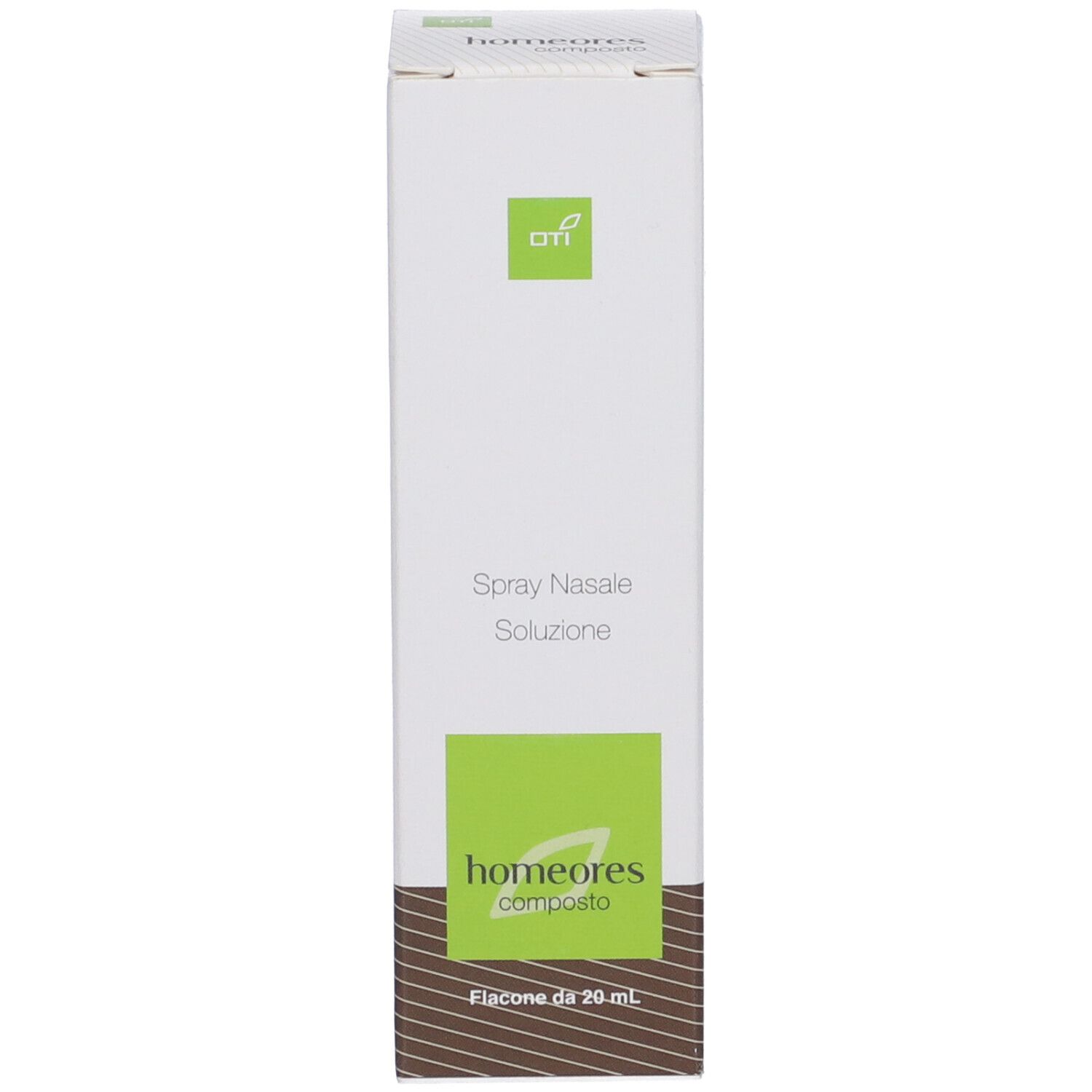 Confezione bianca con logo verde. Scritta: Spray Nasale Soluzione, Homeores composto.