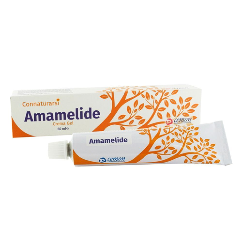 Tubo e scatola di crema gel. Scritta: Amamelide, Cemon. Tubo bianco con testo blu. Scatola bianca con disegno ad albero arancione.